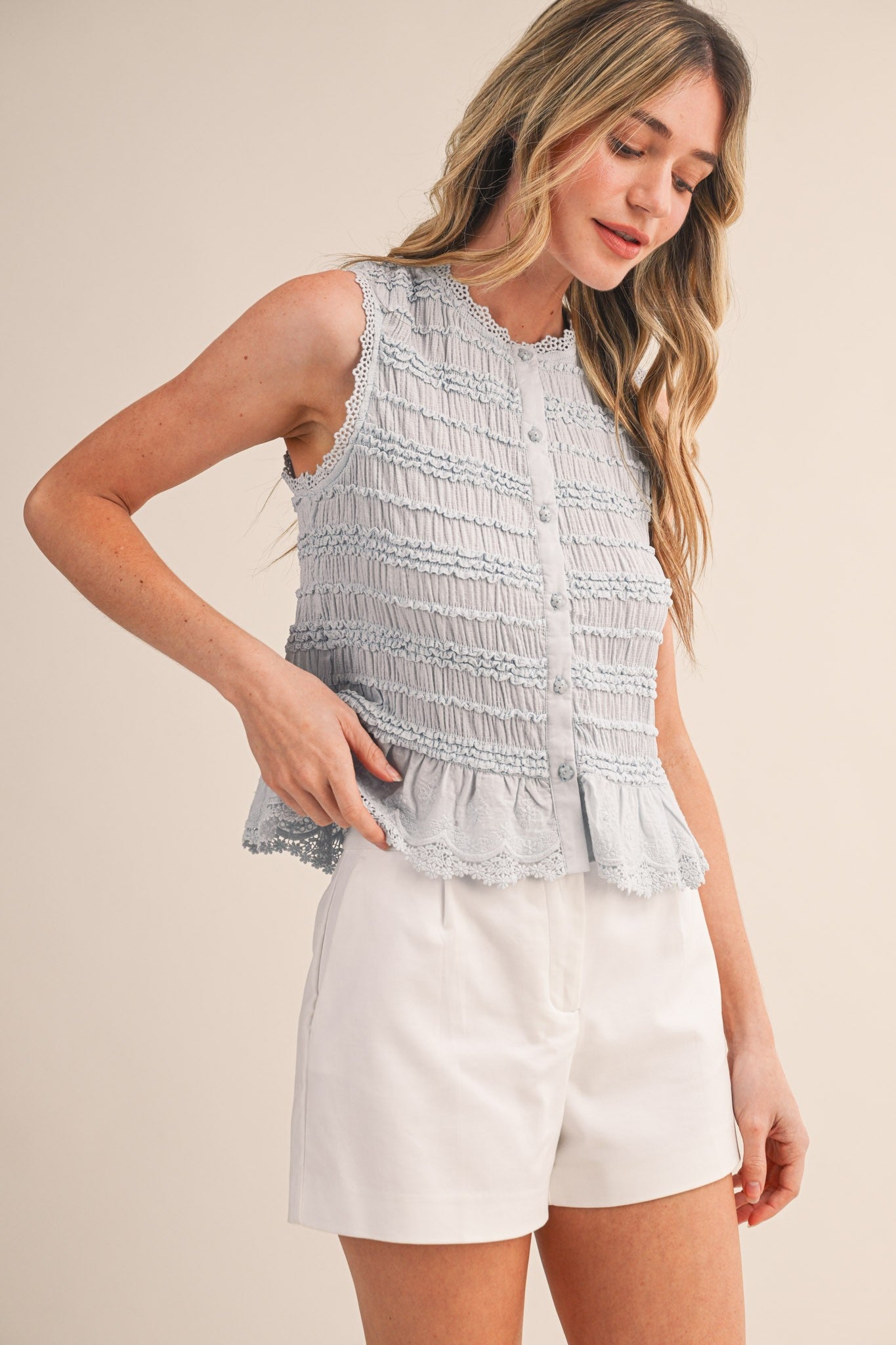 &MERCI Sophie shirred button-down top, a stylish dressy dress with gathered details and button closure, perfect for upscale occasions.