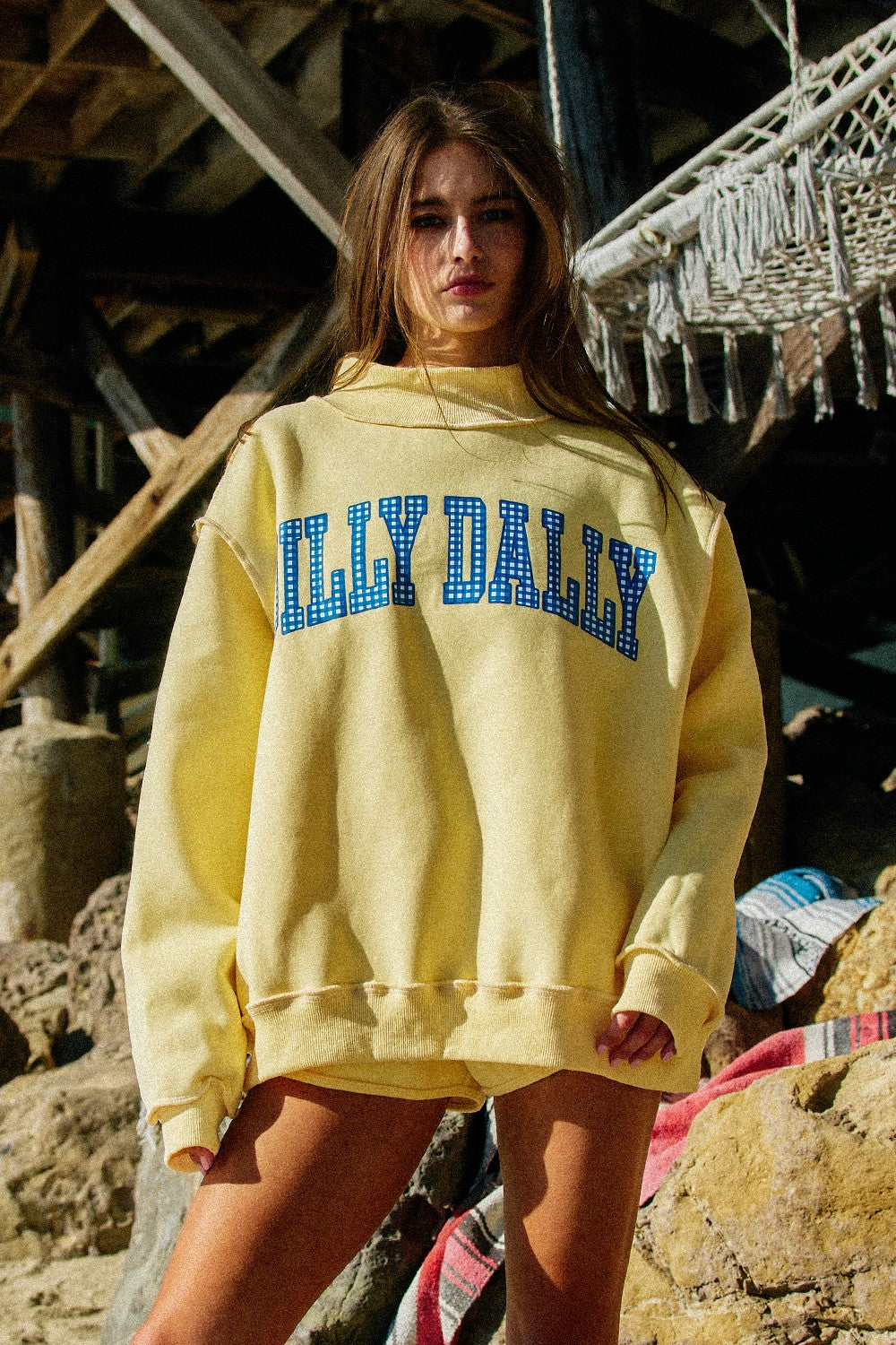 Reversible mock neck sweatshirt from BUCKET LIST's Lolly Gag 137 Graphic Sweatshirt collection, featuring bold graphic design and cozy fabric.