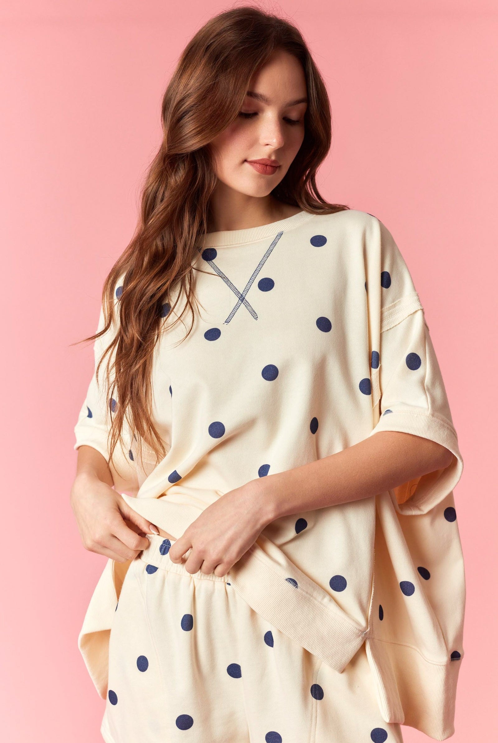 PEACH LOVE Renee Polka Dot Dolman Sleeve Top, casual 105 top with black and white polka dots, relaxed fit, stylish and comfortable.