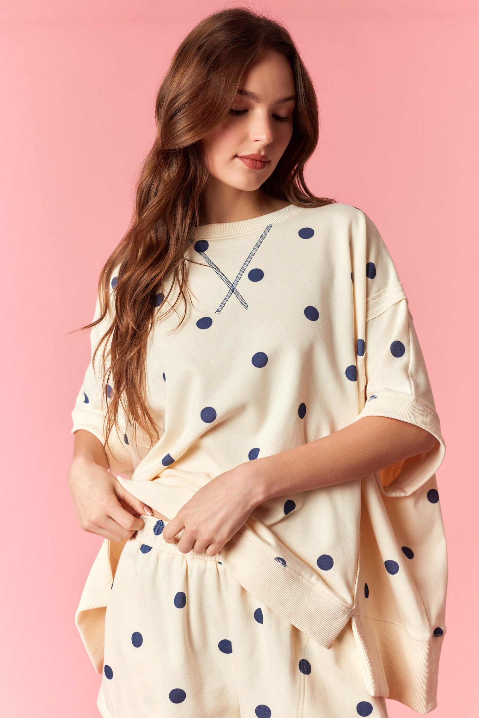 PEACH LOVE Renee Polka Dot Dolman Sleeve Top, casual 105 top with black and white polka dots, relaxed fit, stylish and comfortable.