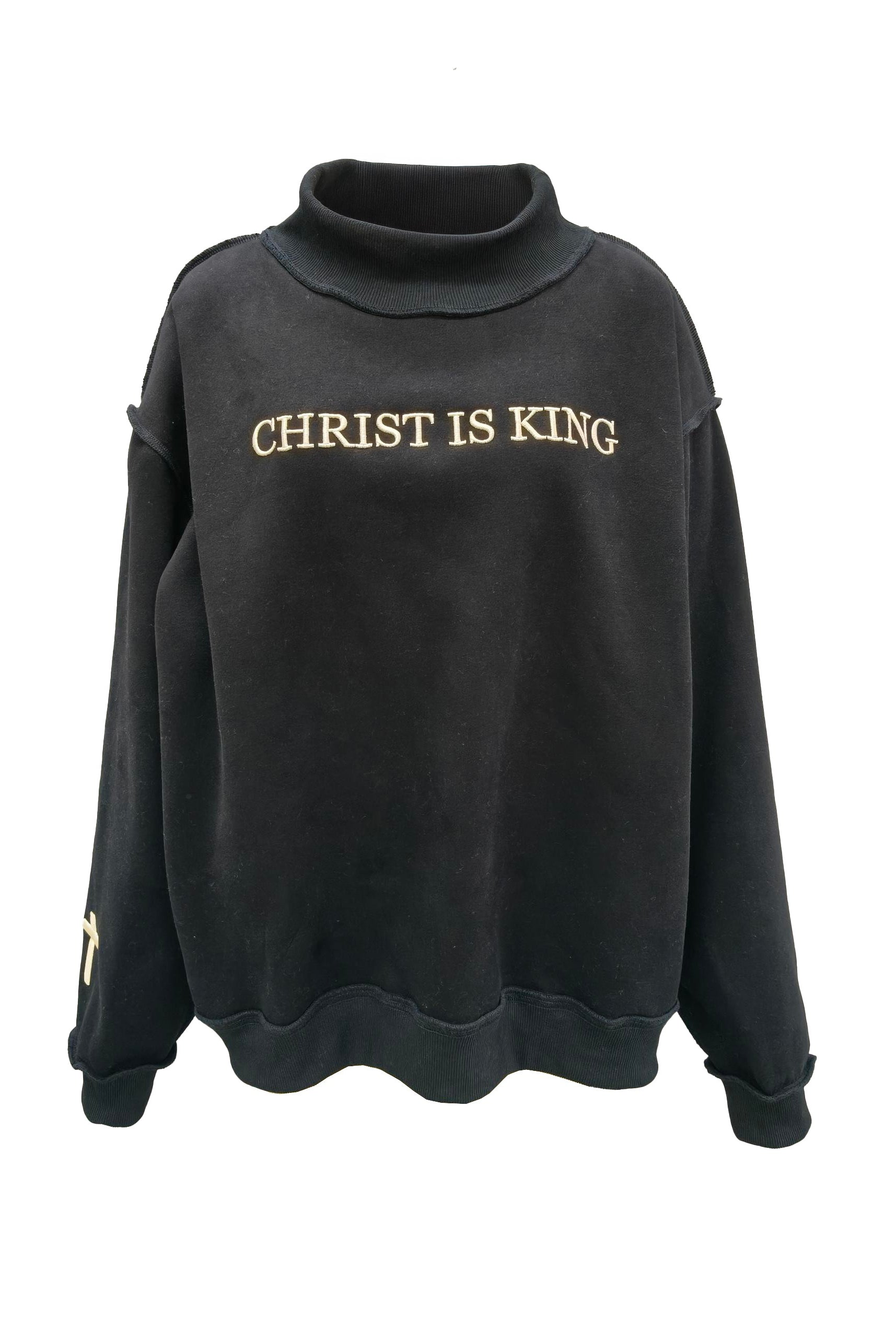 Bucket List Christ is King mock neck embroidered sweatshirt with graphic design and detailed embroidery on soft fabric.