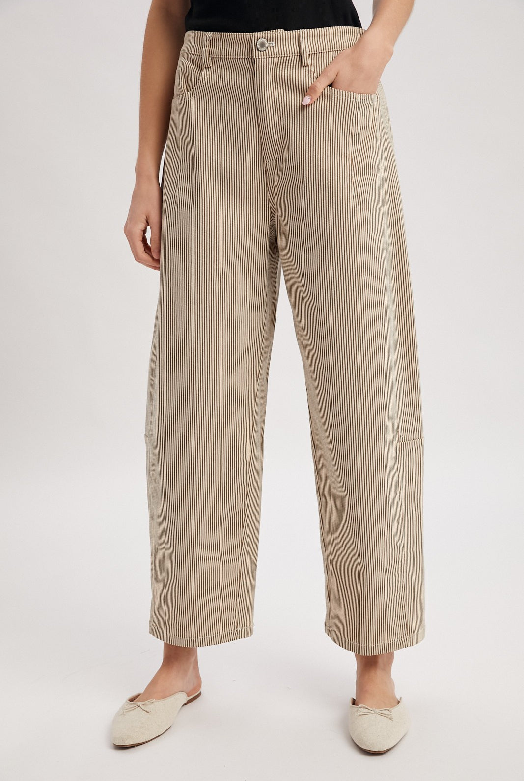 WISHLIST Margaret pinstriped cotton pant from 147 Novelty Jeans collection, featuring a tailored fit and classic pinstripe pattern.