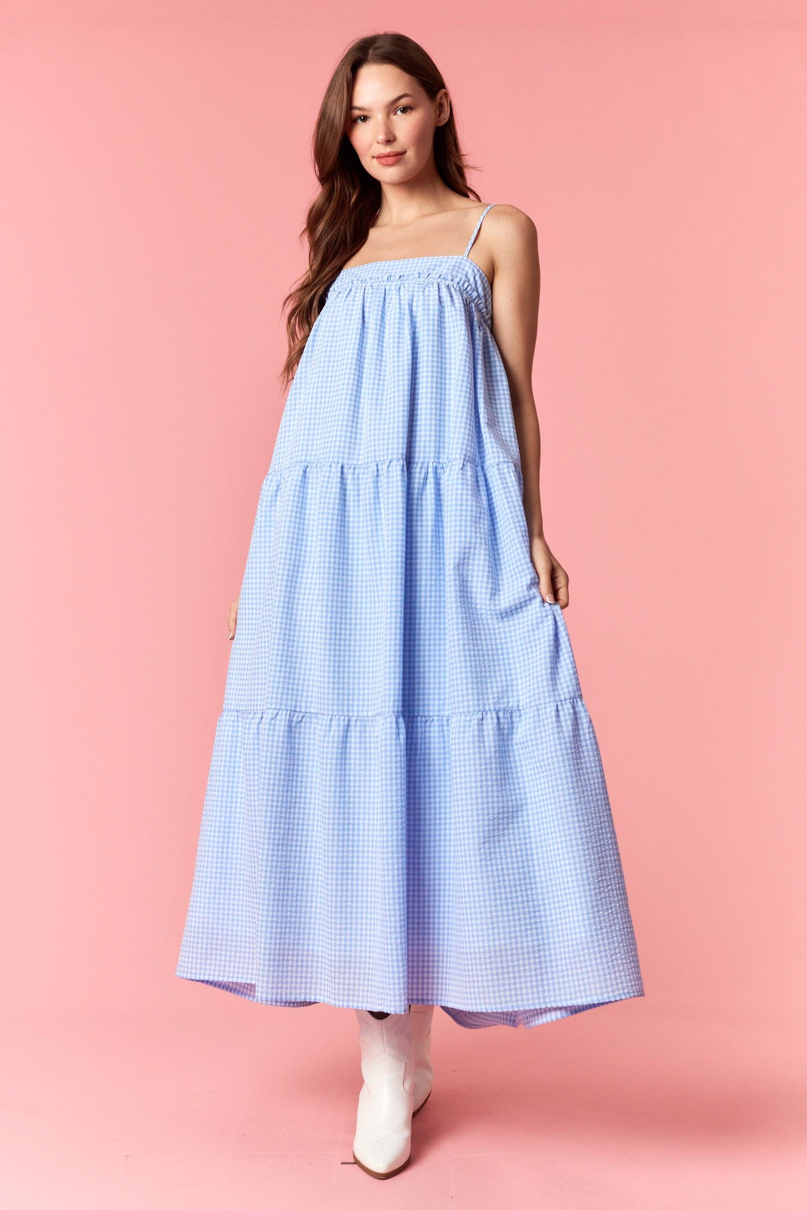 Blue gingham printed maxi dress by PEACH LOVE featuring a flowy, dressy design ideal for summer or special occasions.