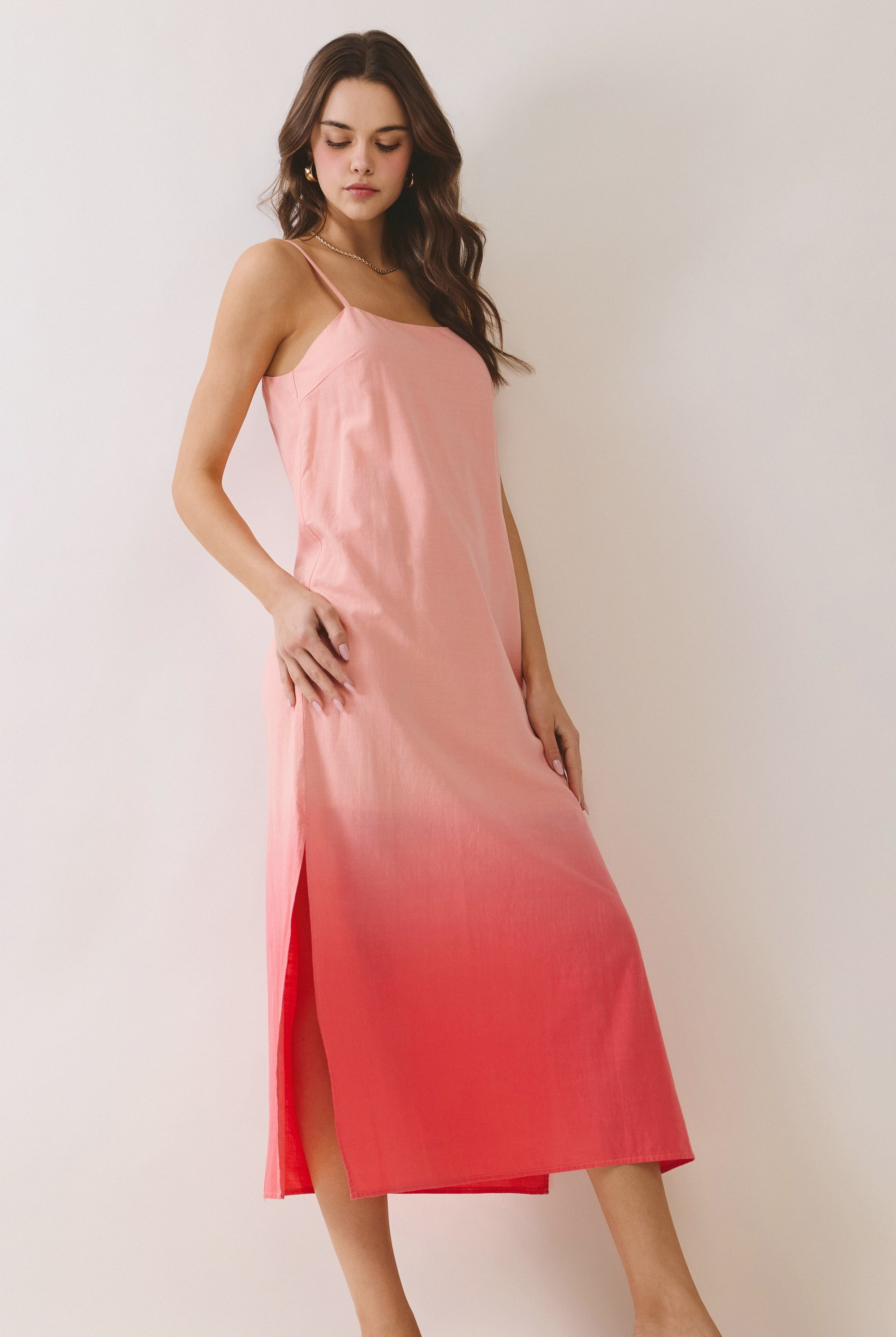 Corina sleeveless ombre midi dress by TCEC, featuring a flowing silhouette and gradient color design, perfect for casual wear.