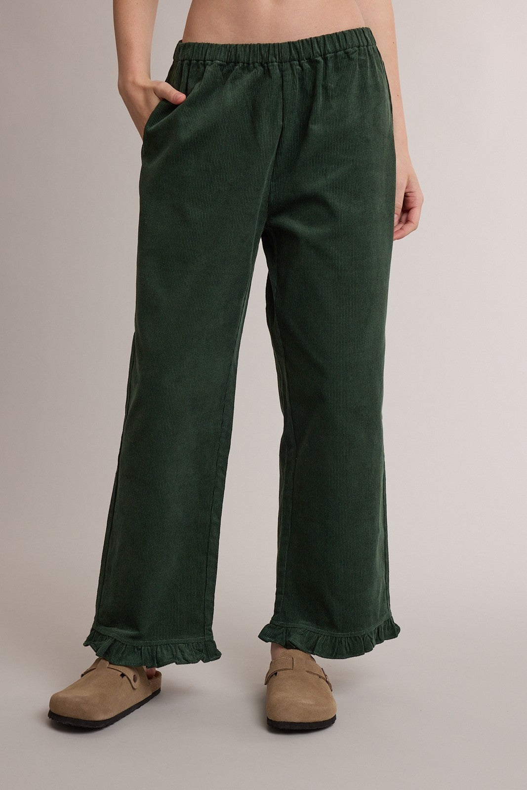 Wishlist Riley Forest corduroy ruffle trim pants for girls, featuring a stylish design with ruffle details and a comfortable fit.