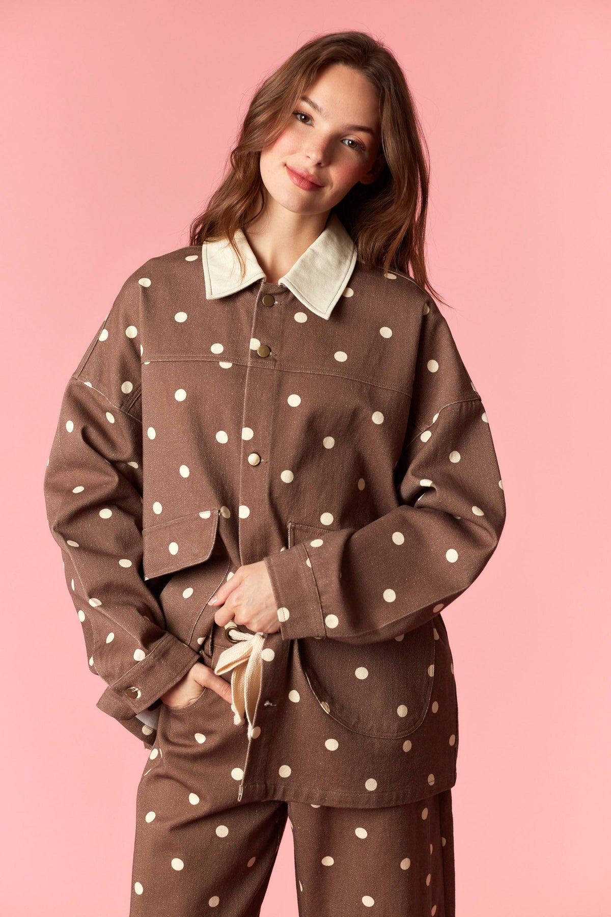 PEACH LOVE Noelle Polka Dot Barrel Jean Jacket, 140 Outerwear, featuring classic denim with white polka dots and a relaxed fit.
