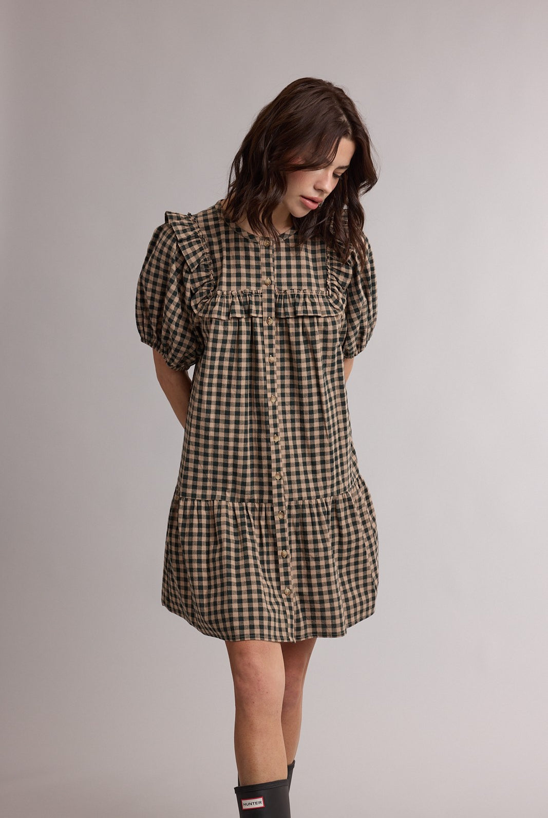 WISHLIST Connie ruffled detail gingham dress in pink and white, featuring a classic sleeveless design and ruffled accents.