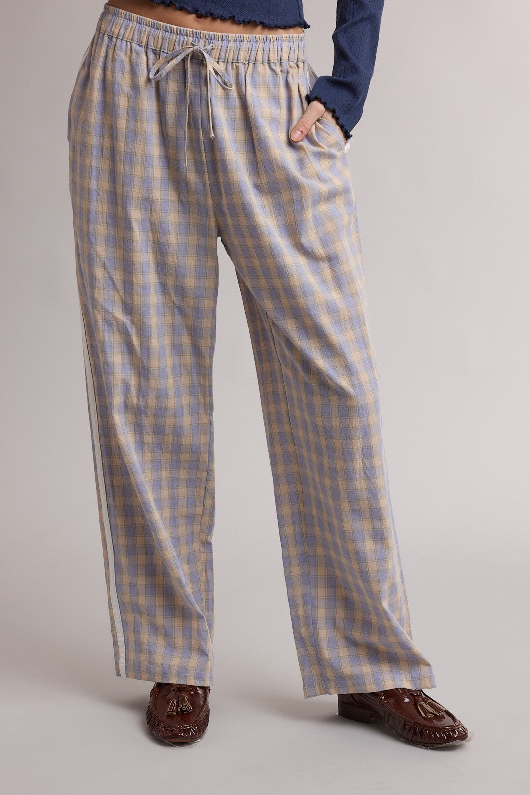 WISHLIST Kylie blue plaid striped cotton pant, 156 pants style, featuring a comfortable fit with a stylish blue plaid pattern.