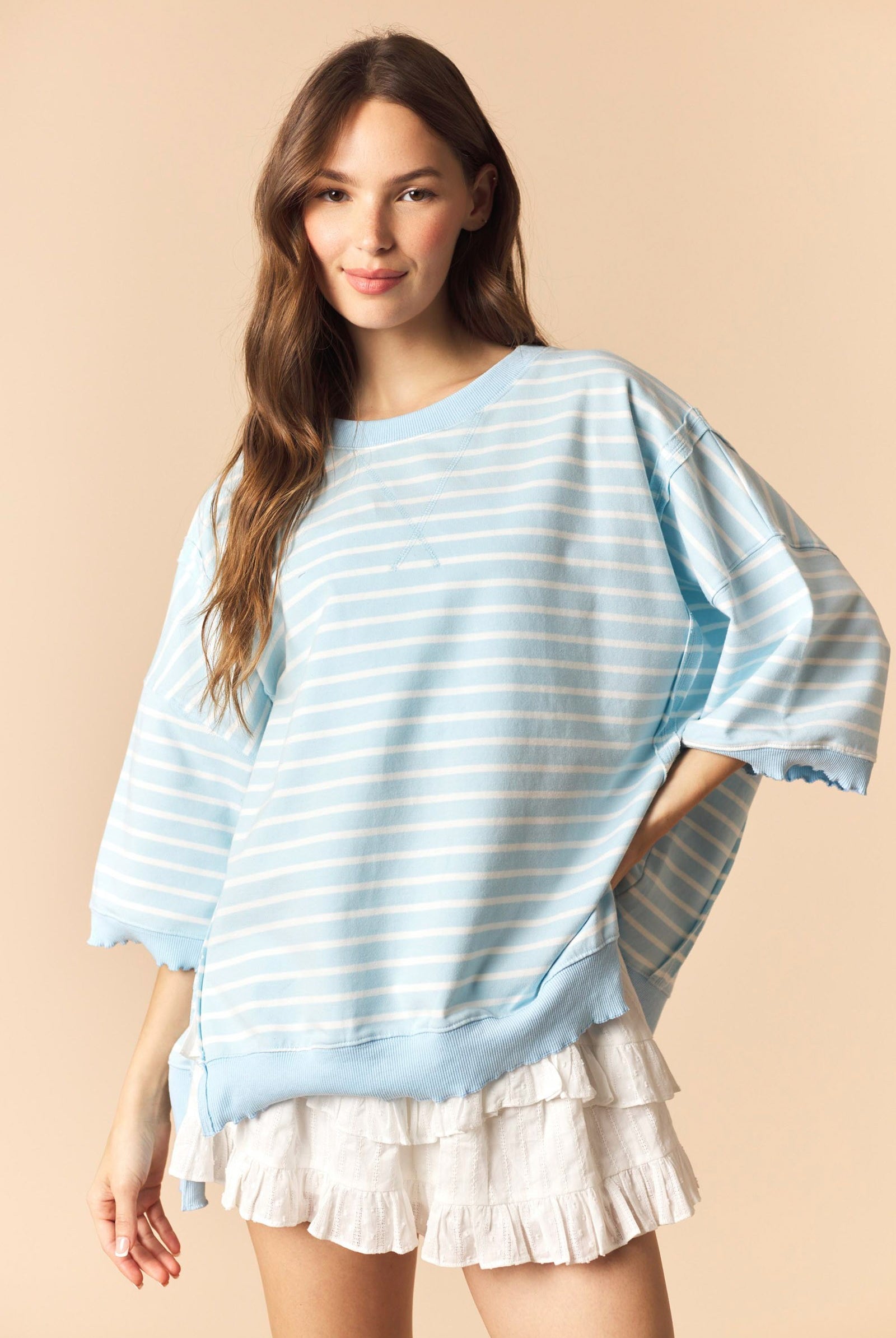 Nolan Lt Blue Striped Lettuce Trim Top from PEACH LOVE, casual 105 top with lettuce-edged sleeves and neckline, lightweight and stylish.
