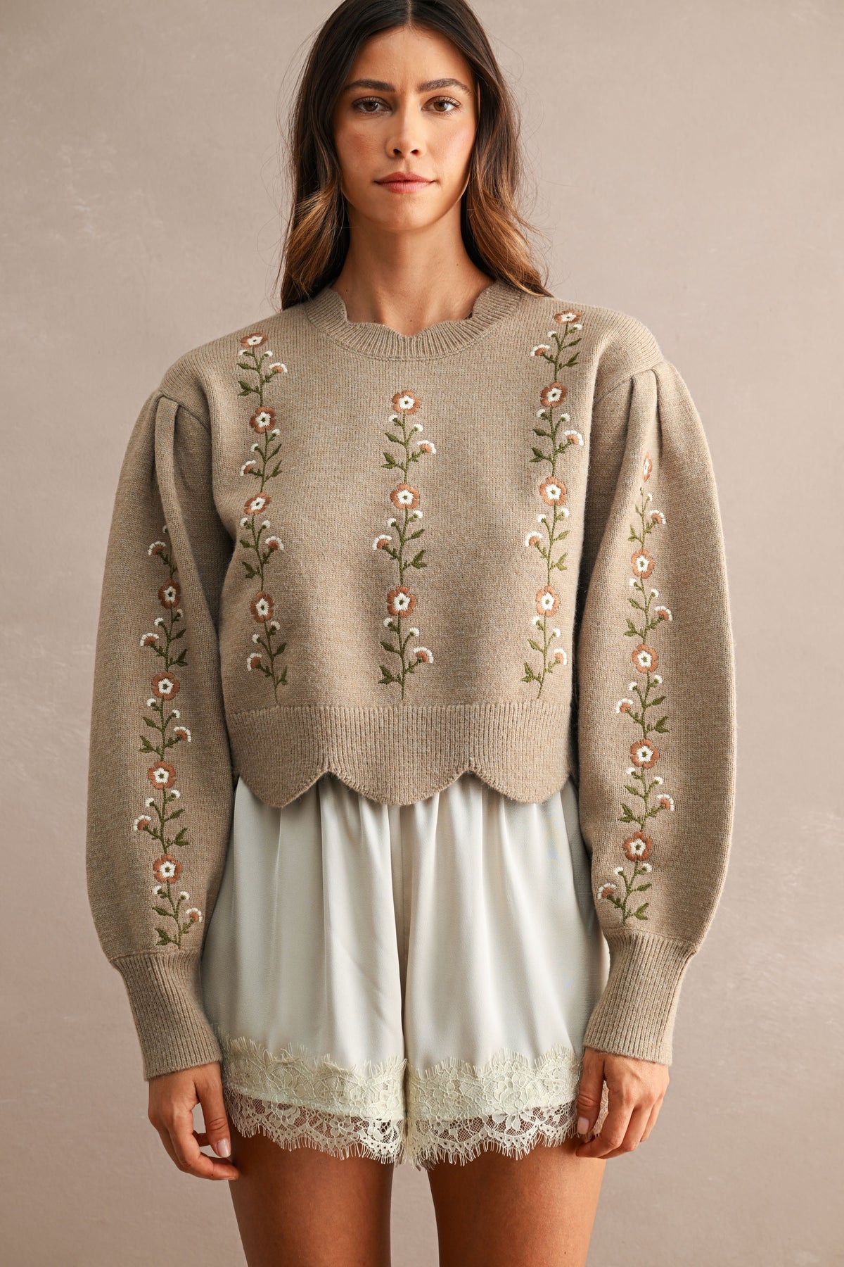 MABLE Rick Mocha scalloped floral embroidered sweater from the 132 Fall Sweaters collection, featuring floral embroidery and scalloped edges.