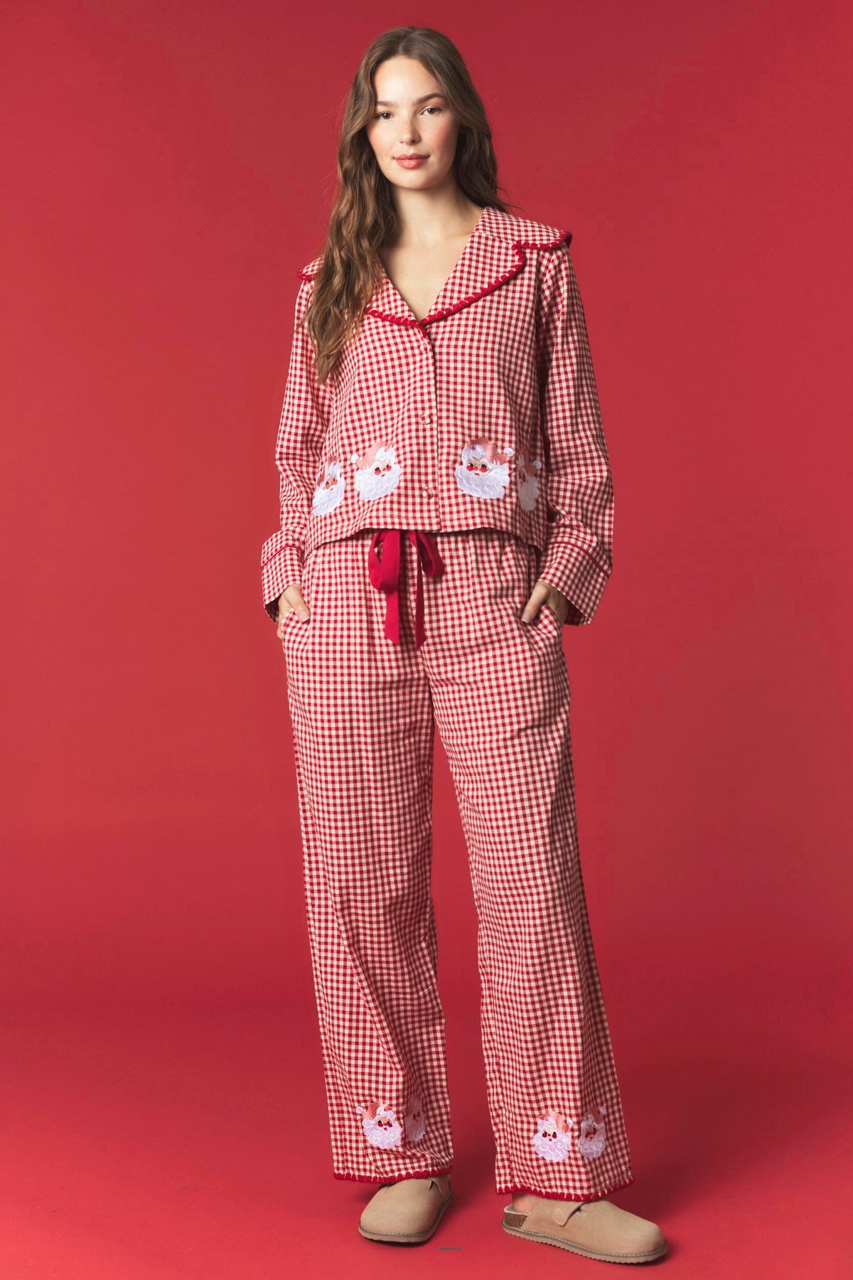 PEACH LOVE Nicholas Gingham Santa embroidered pajama set with 156 pants, featuring festive red and white gingham fabric and holiday embroidery.