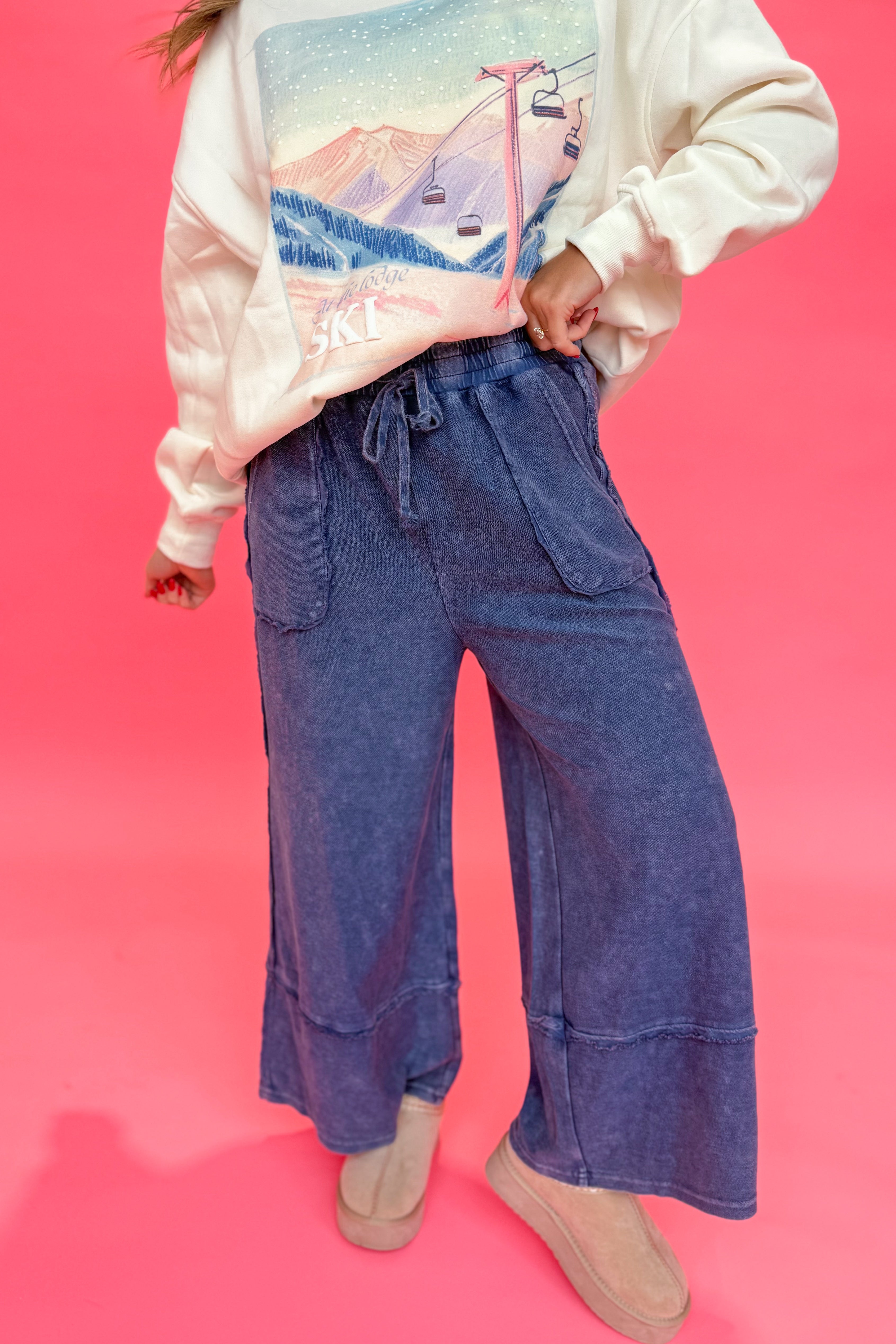 Caris Mineral Washed Upside Down Terry Knit Wide Leg Palazzo Pants - Be You Boutique