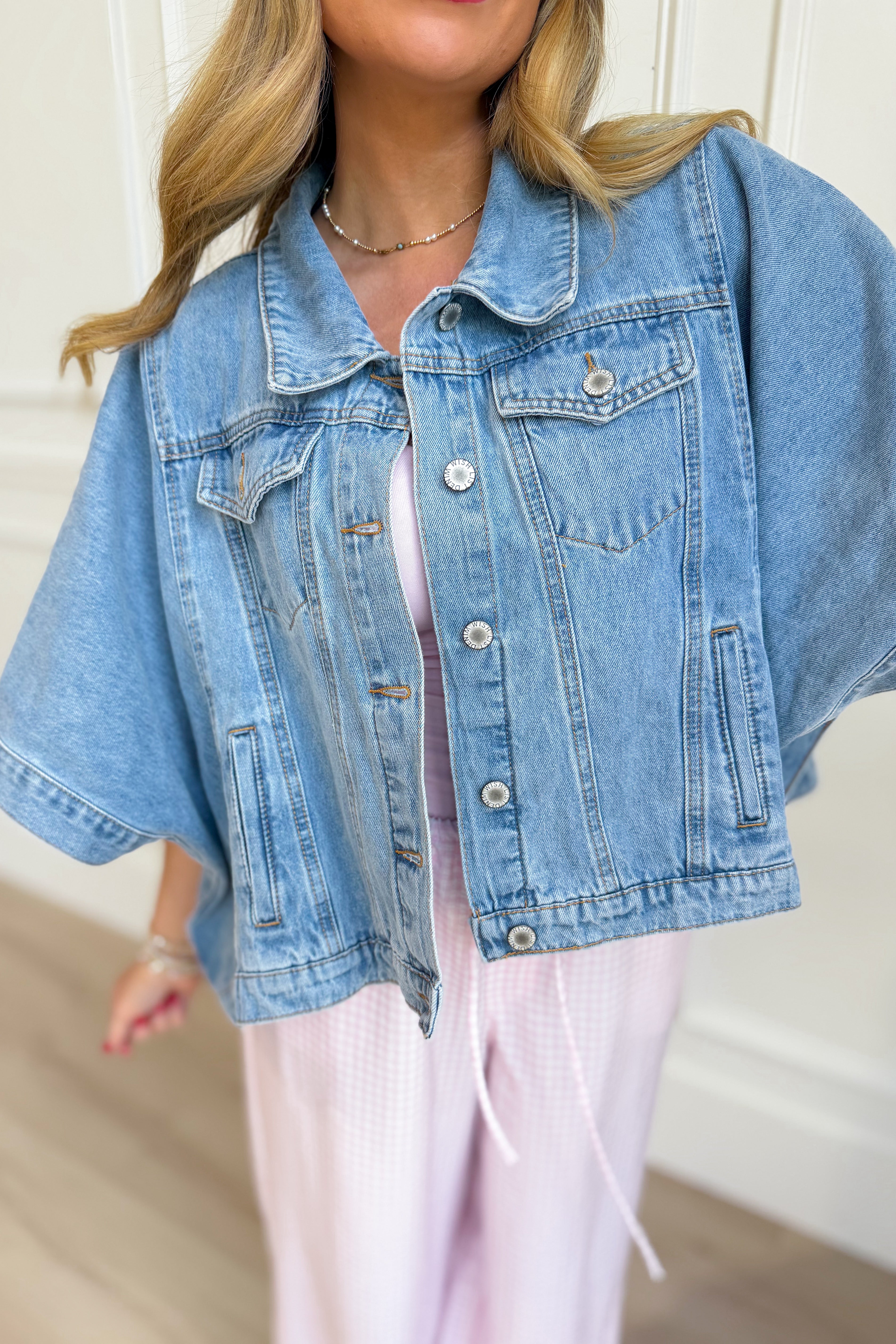 WISHLIST Fred denim cape jacket, 140 outerwear, featuring classic denim fabric and stylish cape design, shown on a model.
