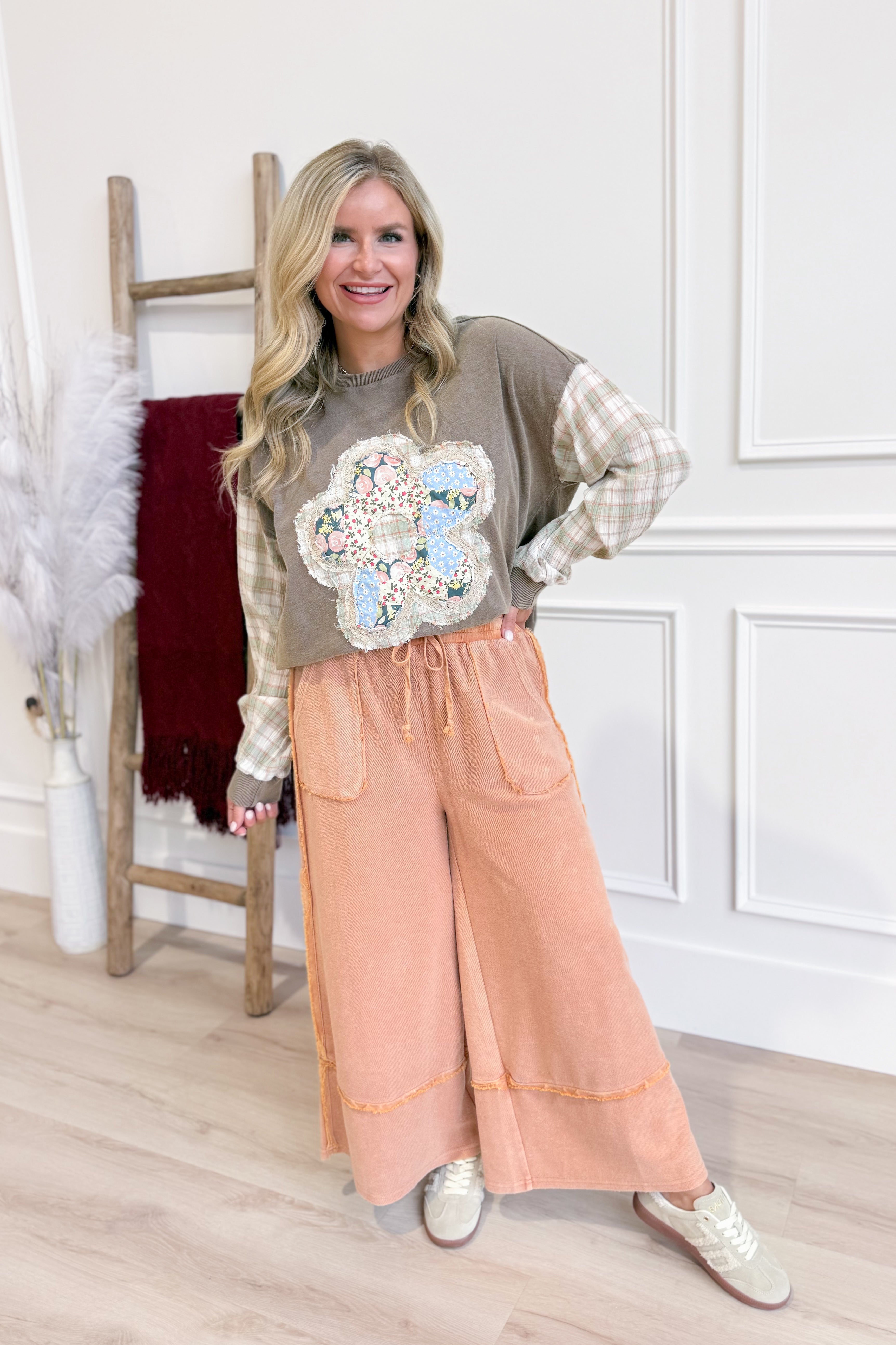 Sonya Plaid Sleeve Flower Patch Top - Be You Boutique