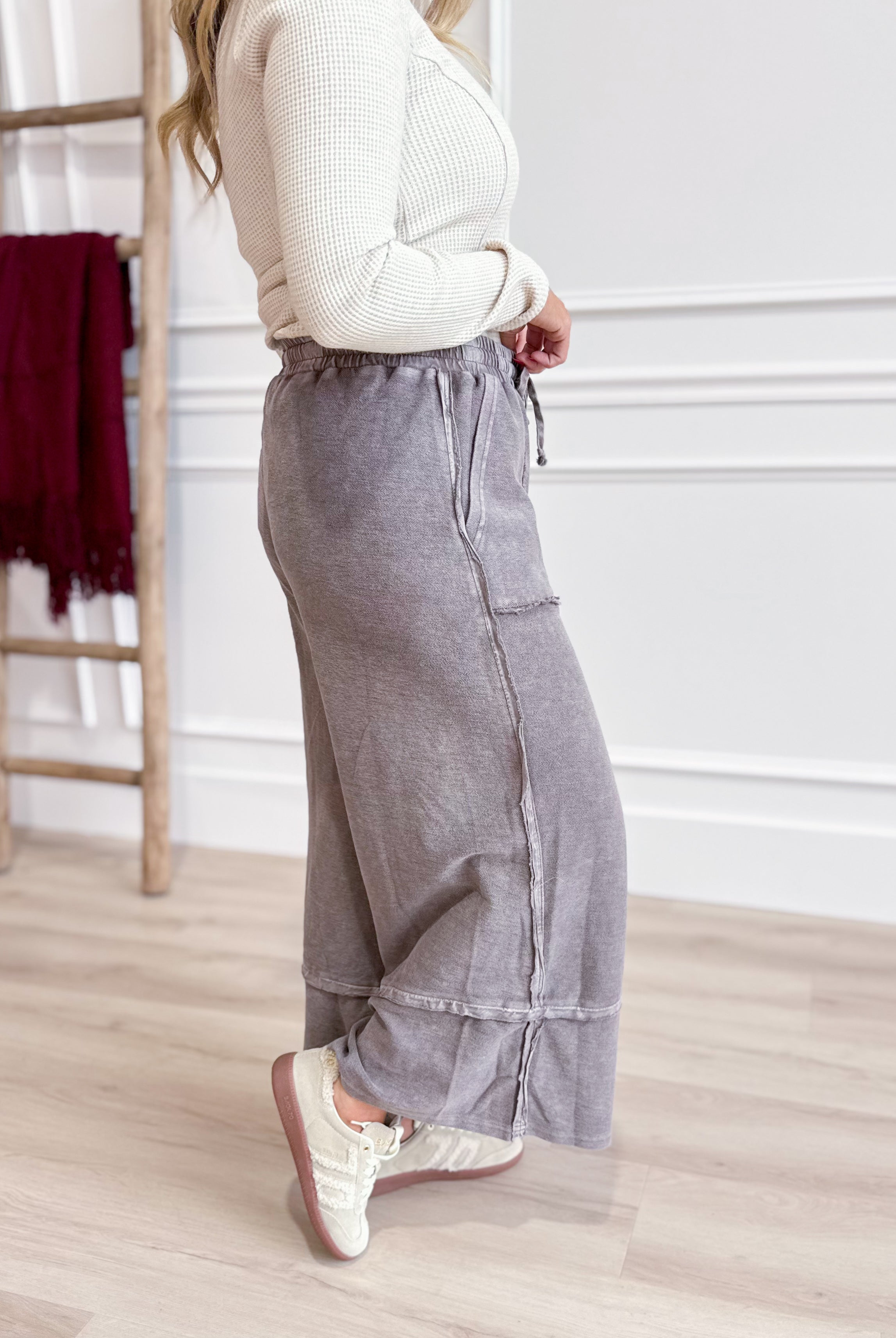 Caris Mineral Washed Upside Down Terry Knit Wide Leg Palazzo Pants - Be You Boutique