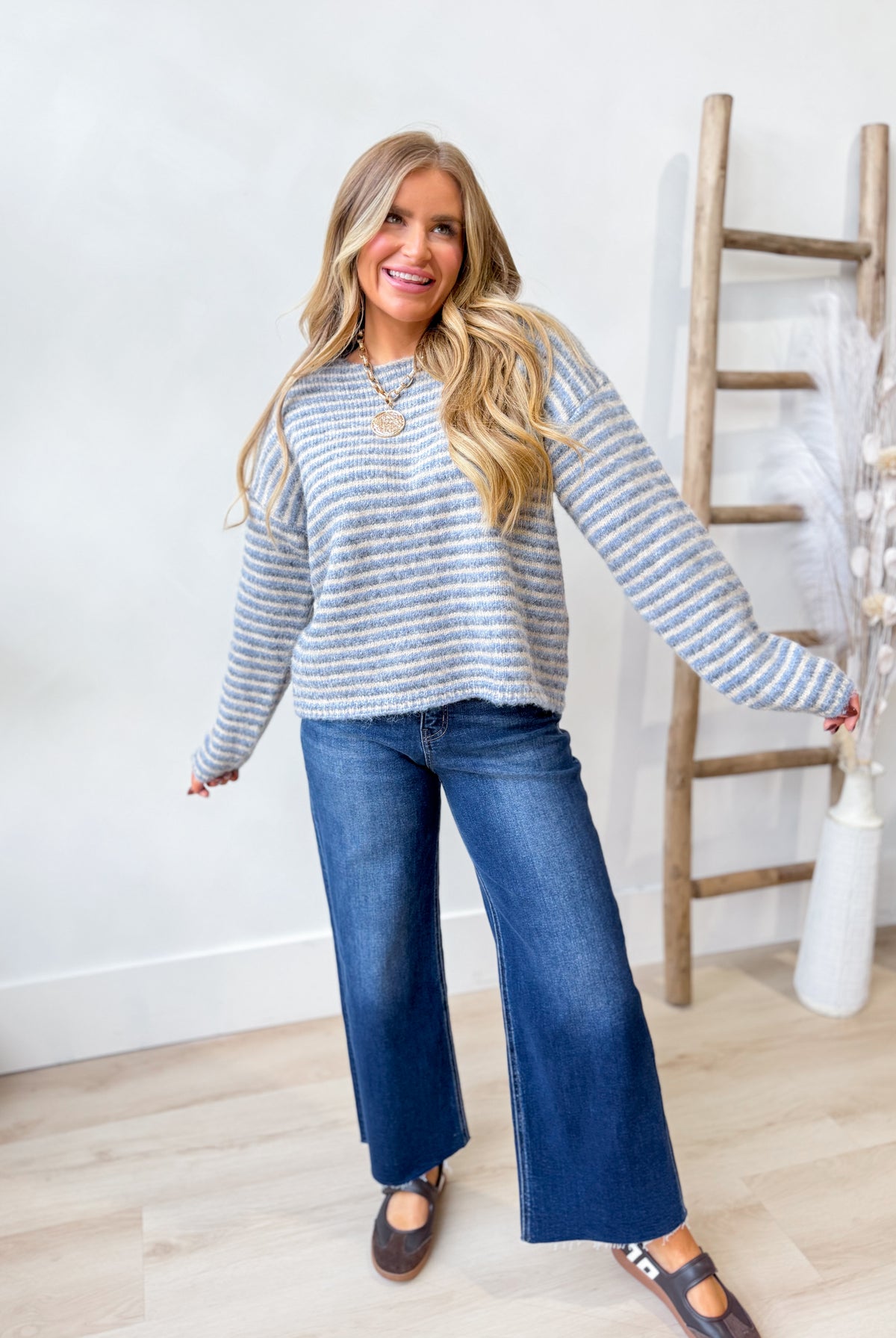 TWENTIFOURTH Chelsea multi-striped fall sweater featuring a cozy knit design with colorful horizontal stripes.