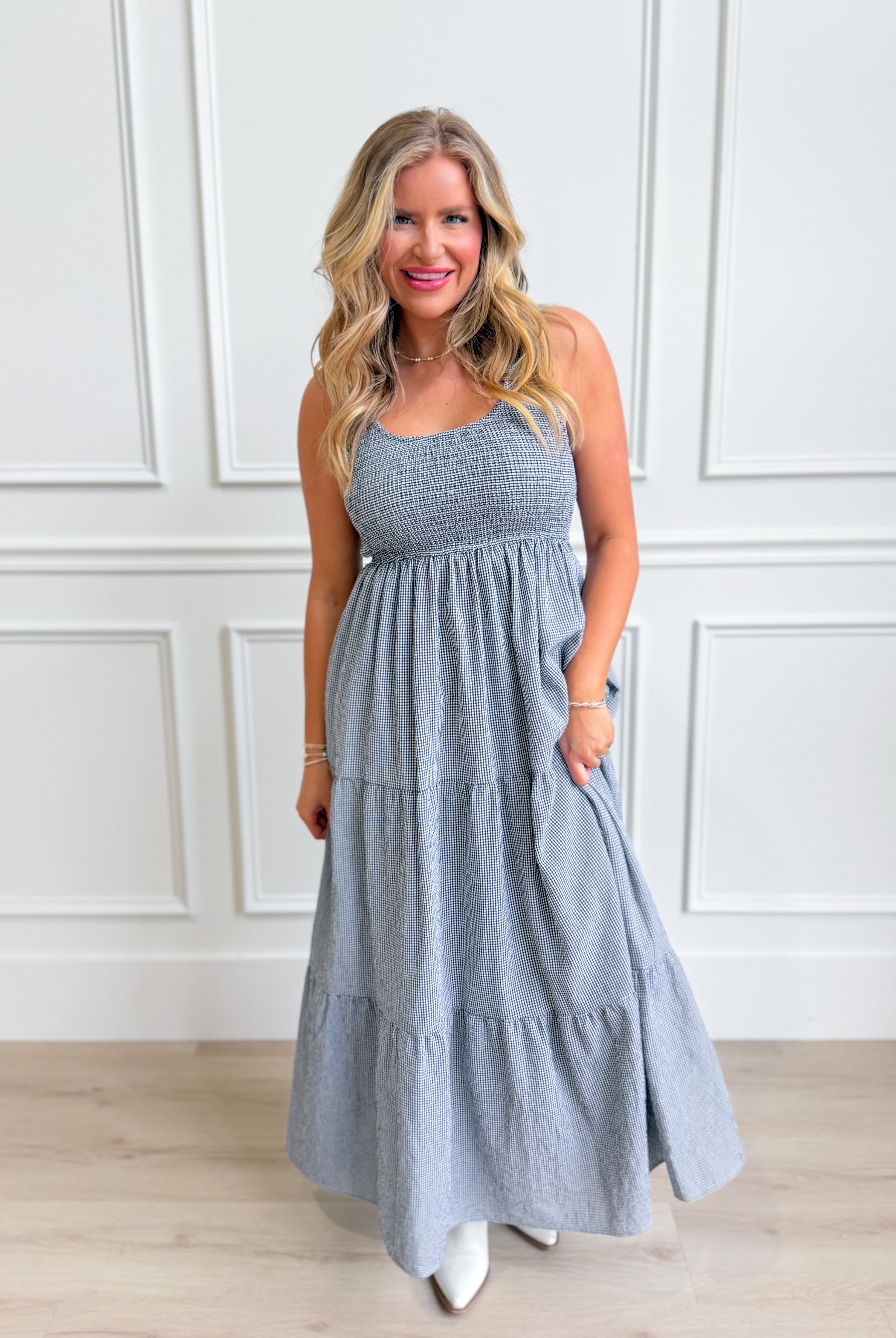 Baevely Painter Gingham Midi Dress with short sleeves, fitted waist, and classic black and white gingham pattern on a model.