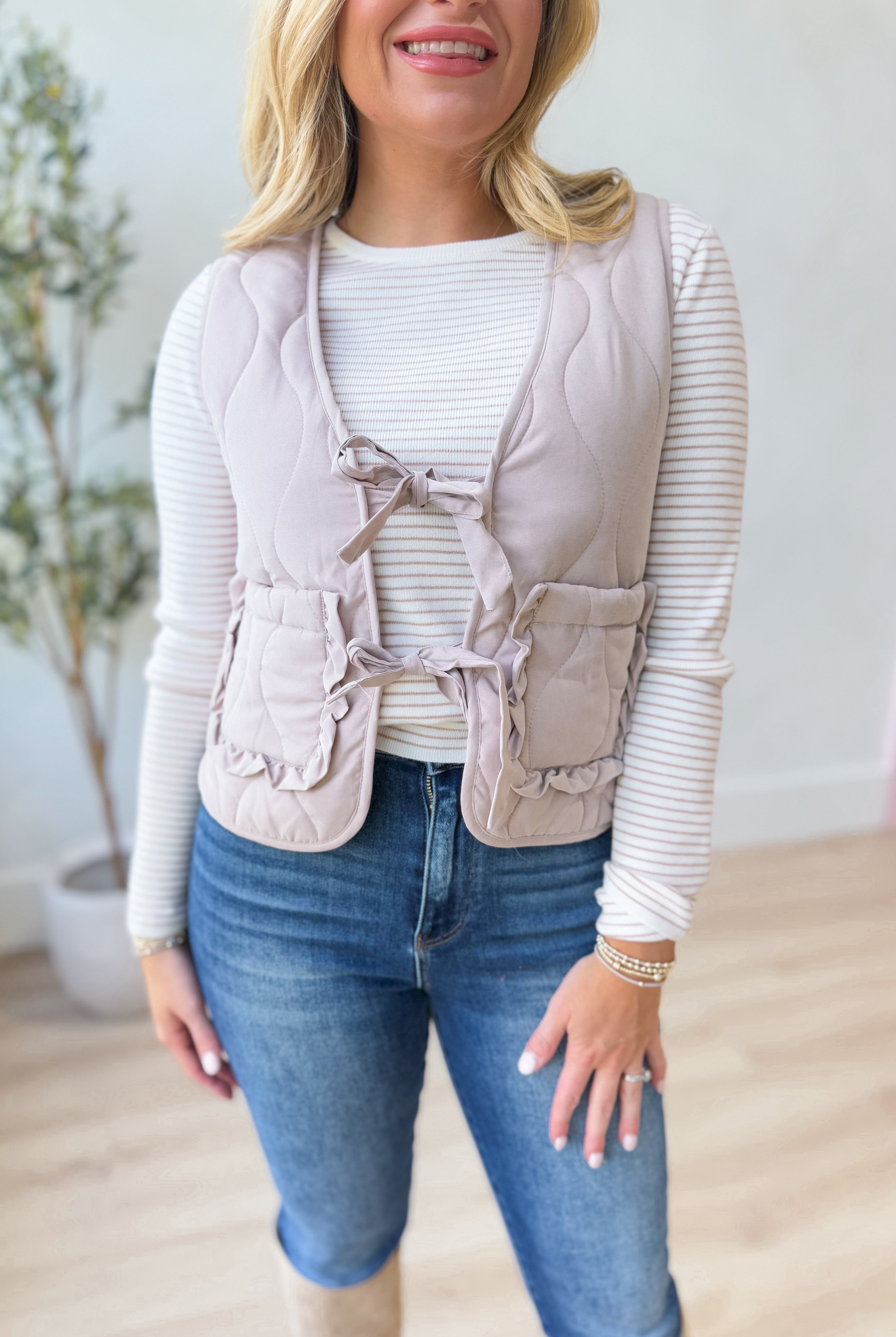Susan Quilted Tie Front Vest - Be You Boutique