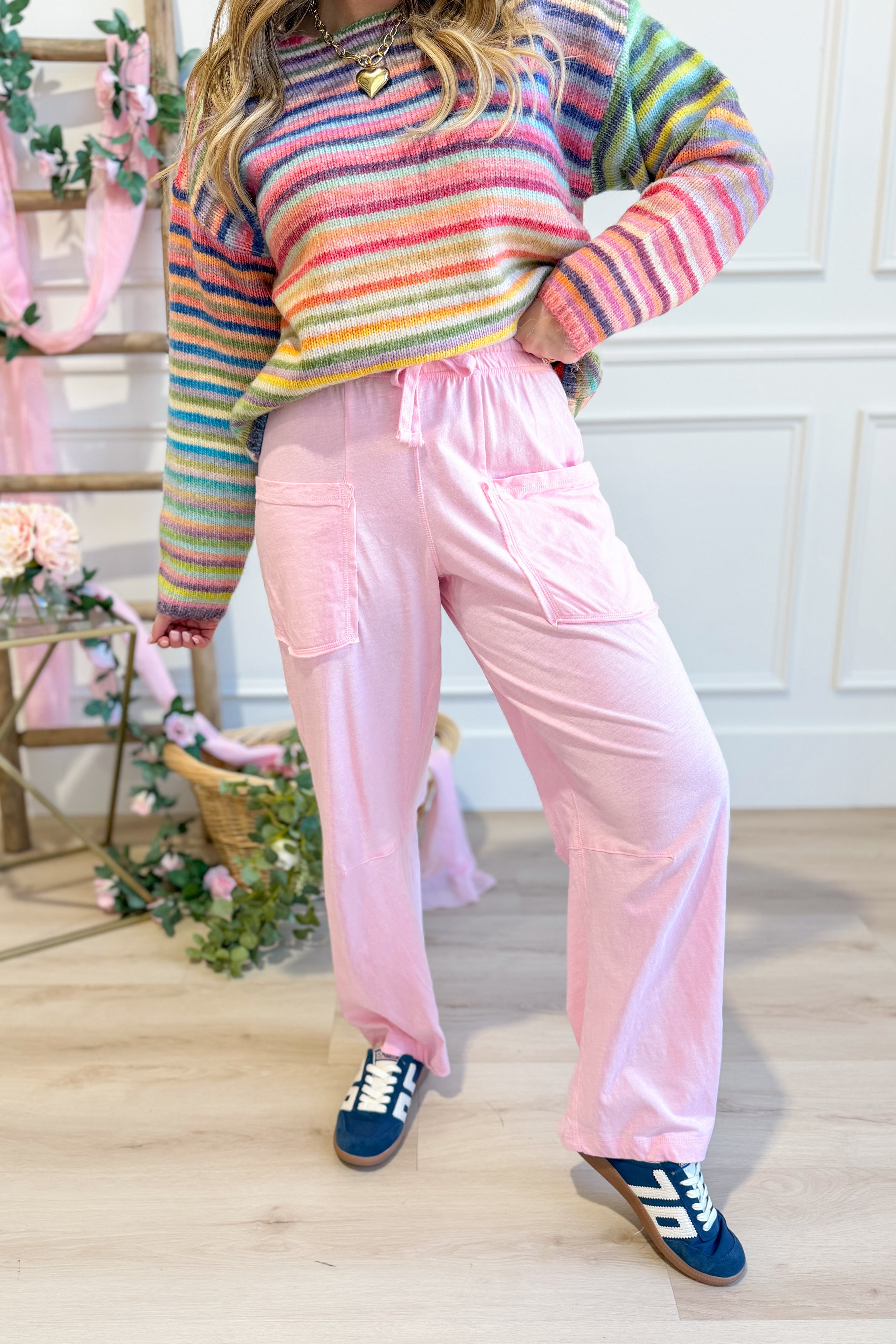 Rae Mode Bella Cotton Barrel Pant in beige, stylish 156 pants with a relaxed fit, front pockets, and belt loops, casual and comfortable.