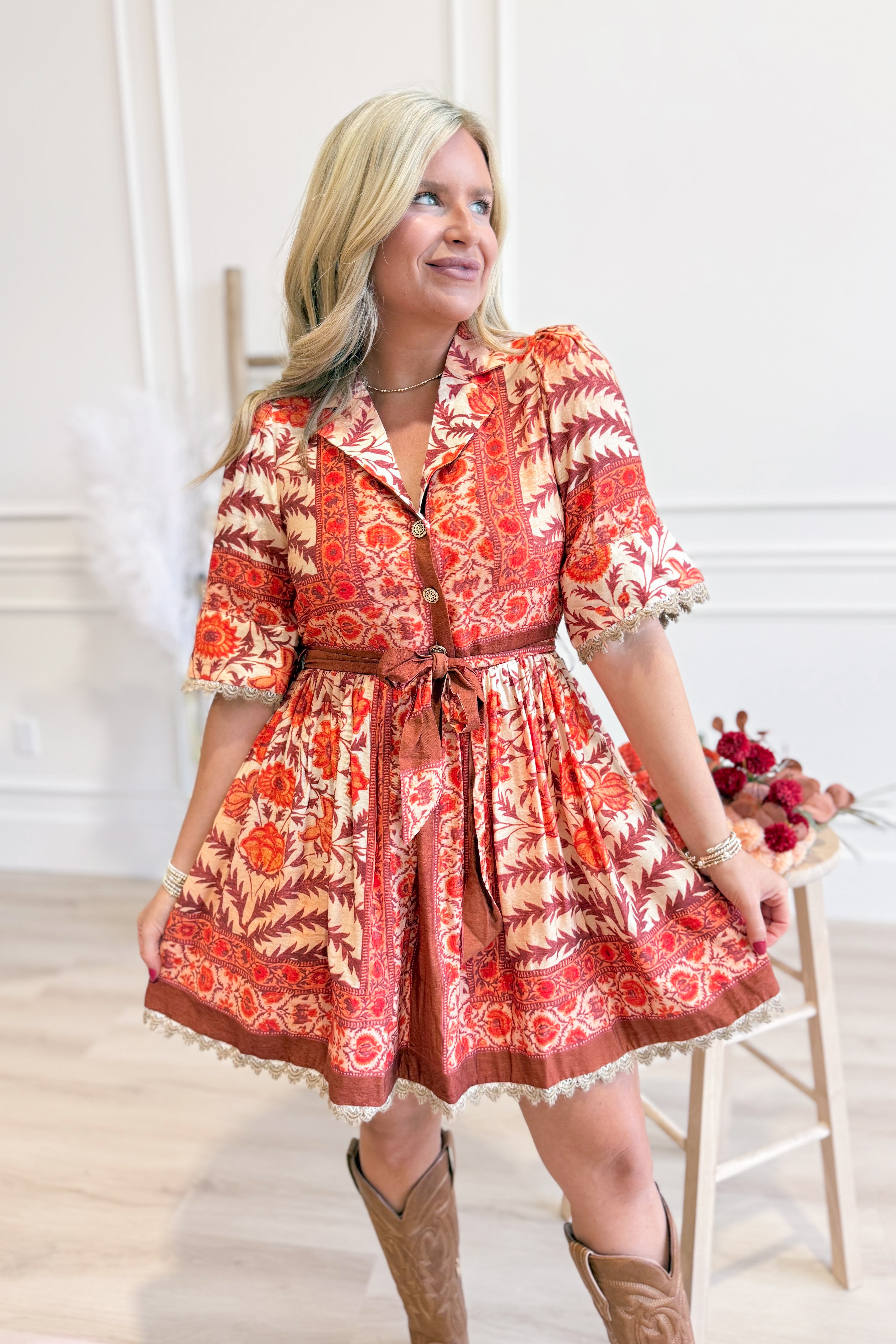 Caroline Botanical Print Puff Sleeve Dress - Be You Boutique