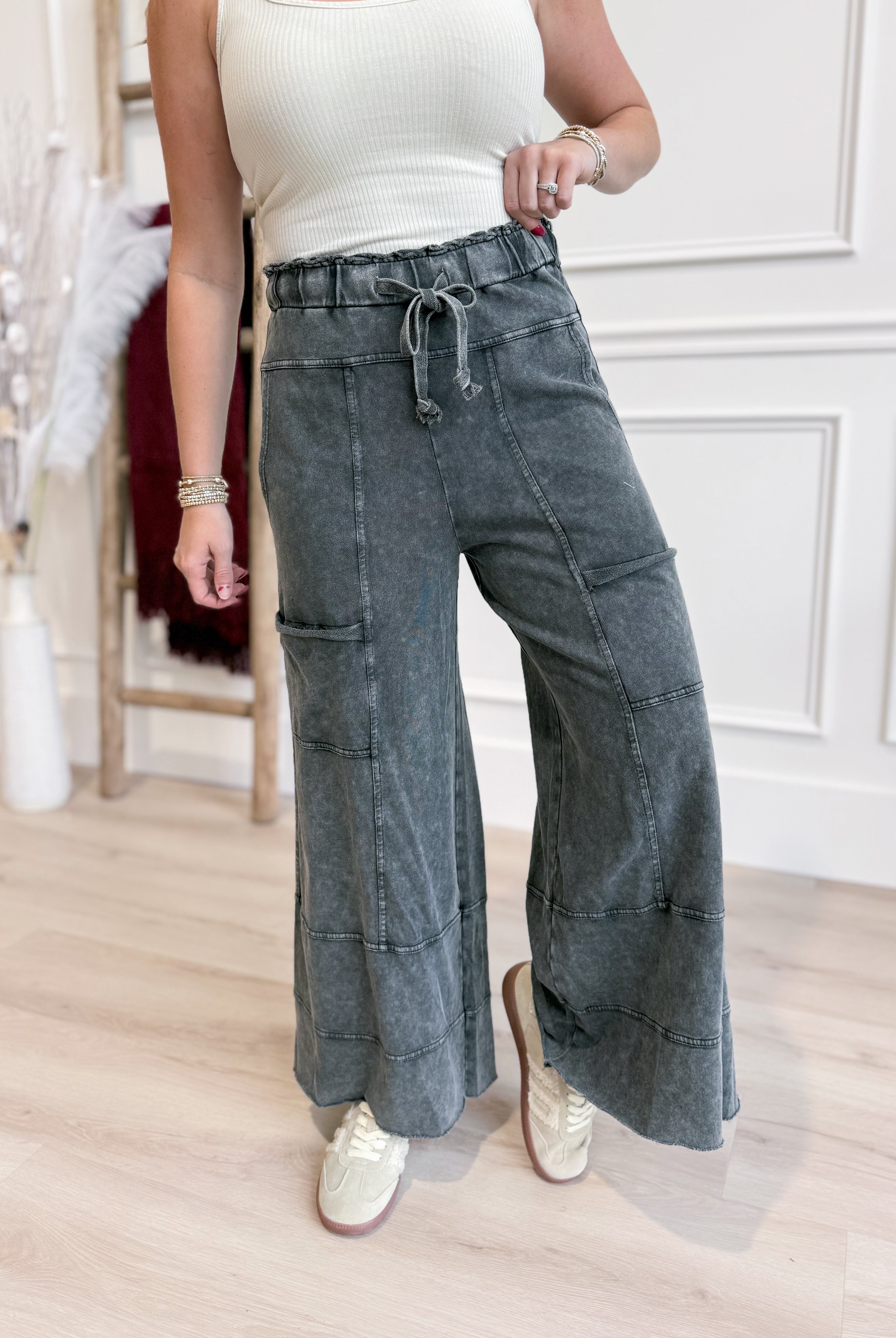EASEL Bradley mineral washed terry knit wide-leg pants in neutral tone, relaxed fit with wide legs and soft fabric.