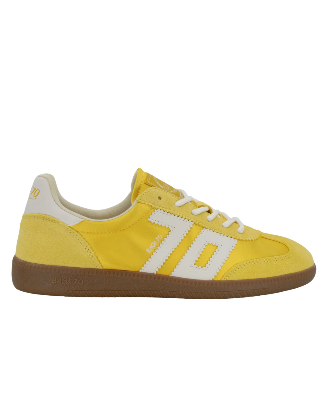 BACK 70 Ghost Sneakers 205 in Banana color, showing the stylish low-top design with yellow accents and breathable material.