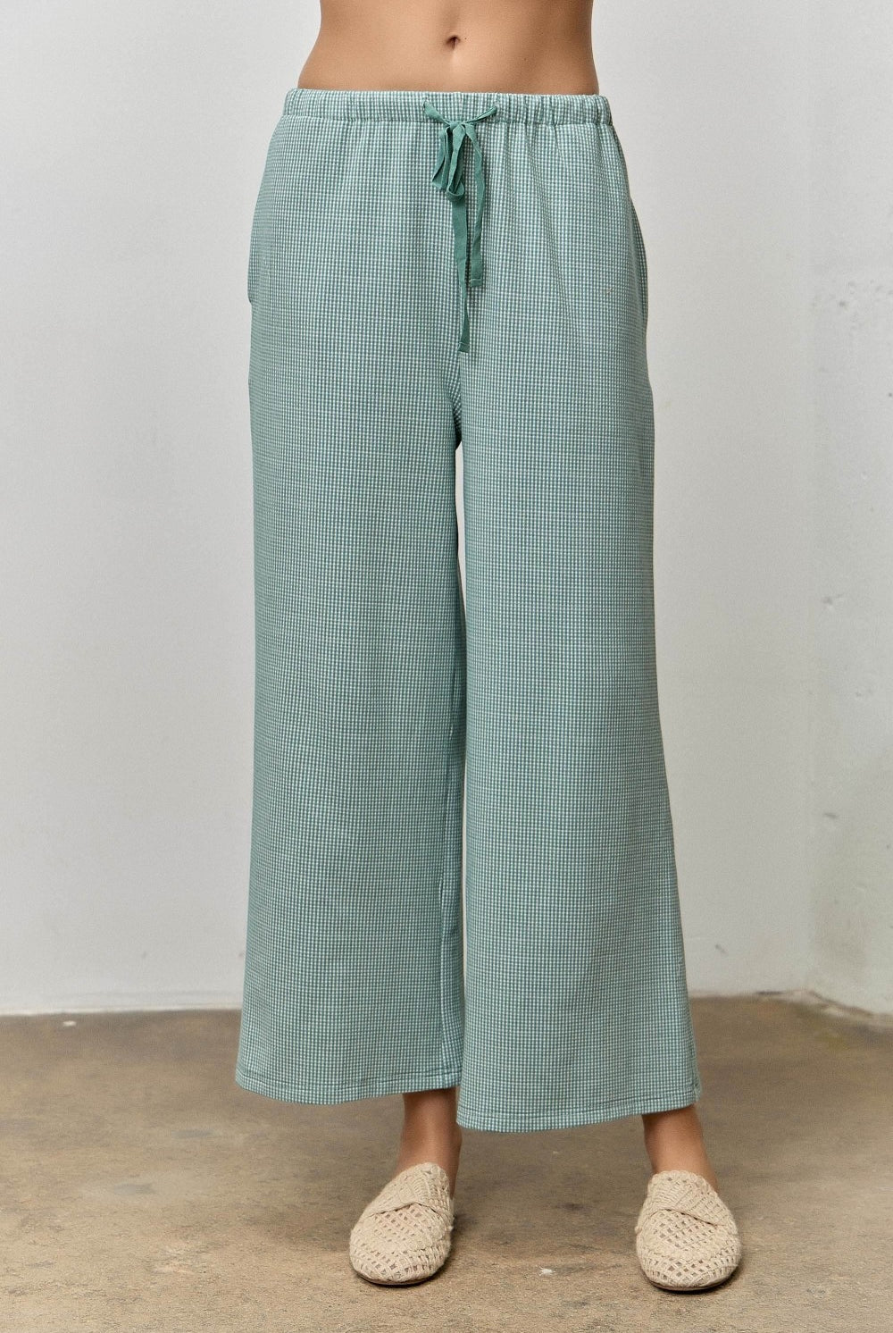 Roland Seafoam Gingham Drawstring Wide Leg Pant by BAEVELY, featuring a seafoam green and white gingham pattern with a relaxed fit.