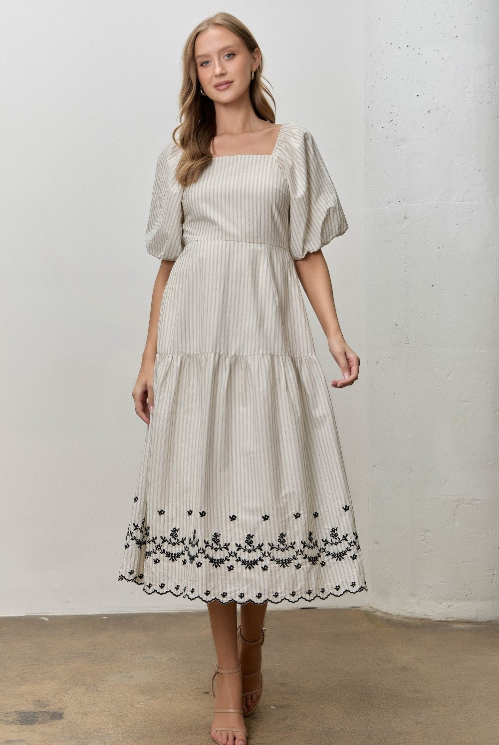 Baevely Jada embroidered striped midi dress with intricate embroidery and colorful stripes, perfect for dressy occasions.