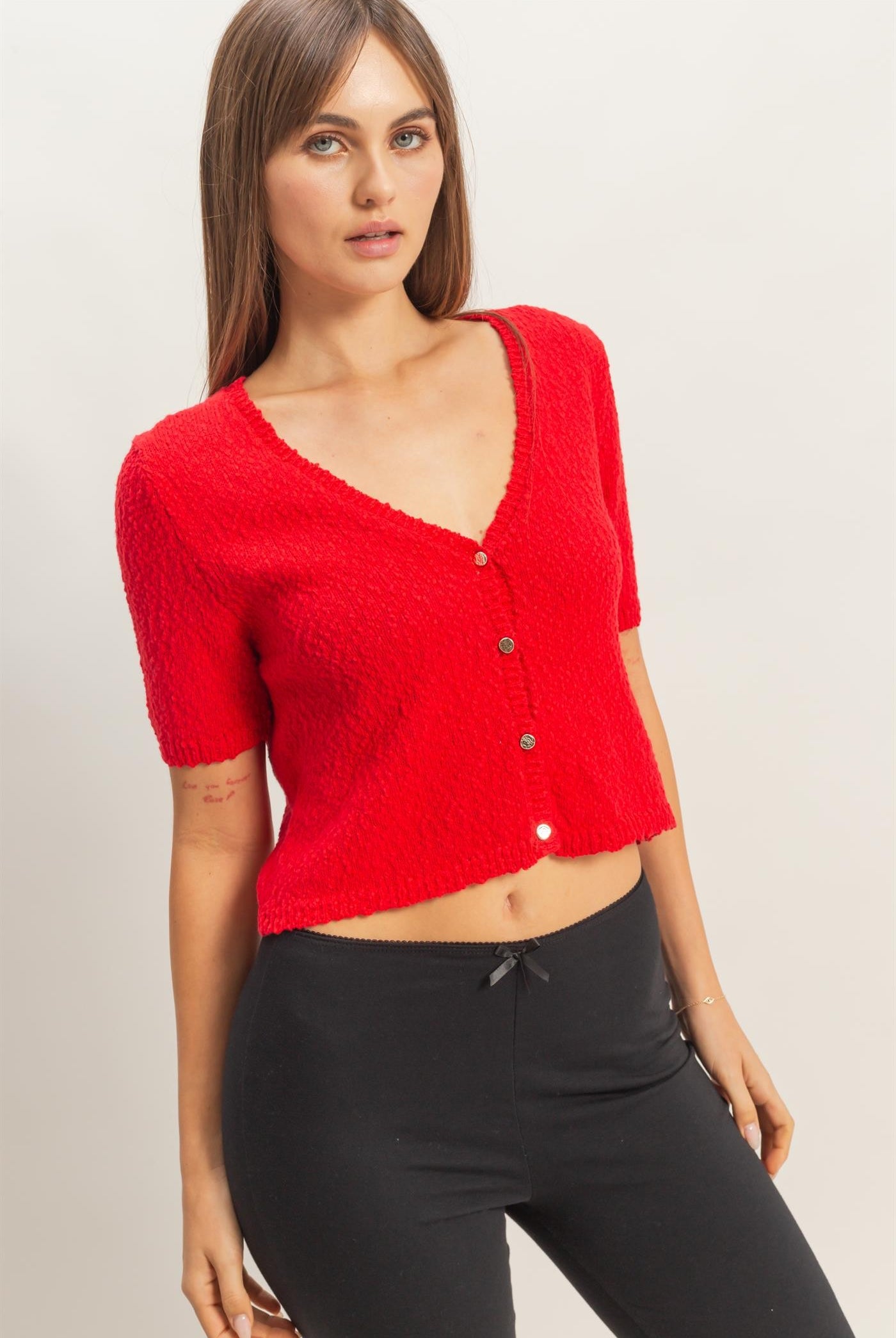 HYFVE Kinlee Crinkled Textured Top from 131 Spring Sweaters collection, shown in a close-up of the crinkled fabric and fit.