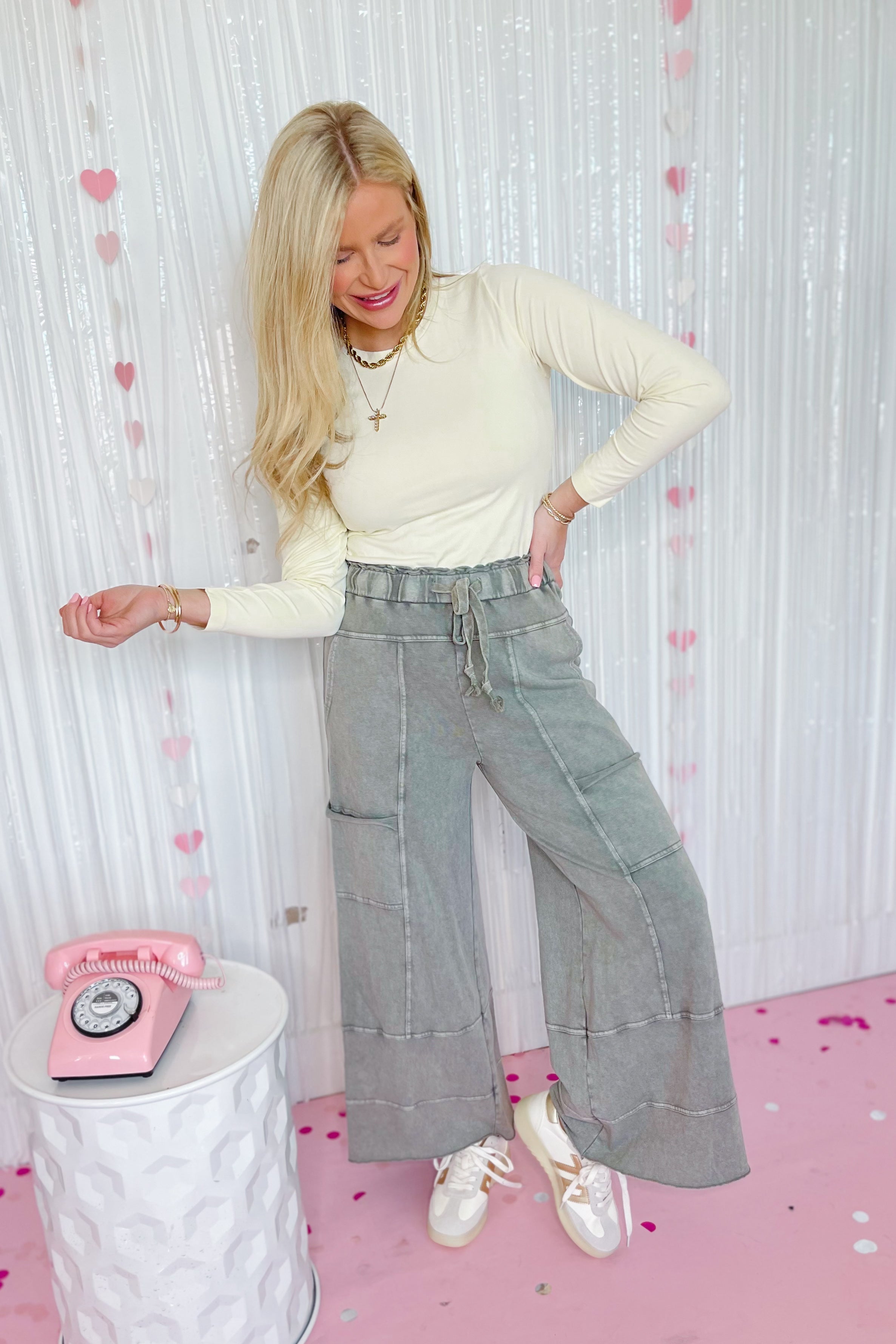 EASEL Bradley mineral washed terry knit wide-leg pants in neutral color, style 156, with relaxed fit and wide legs.