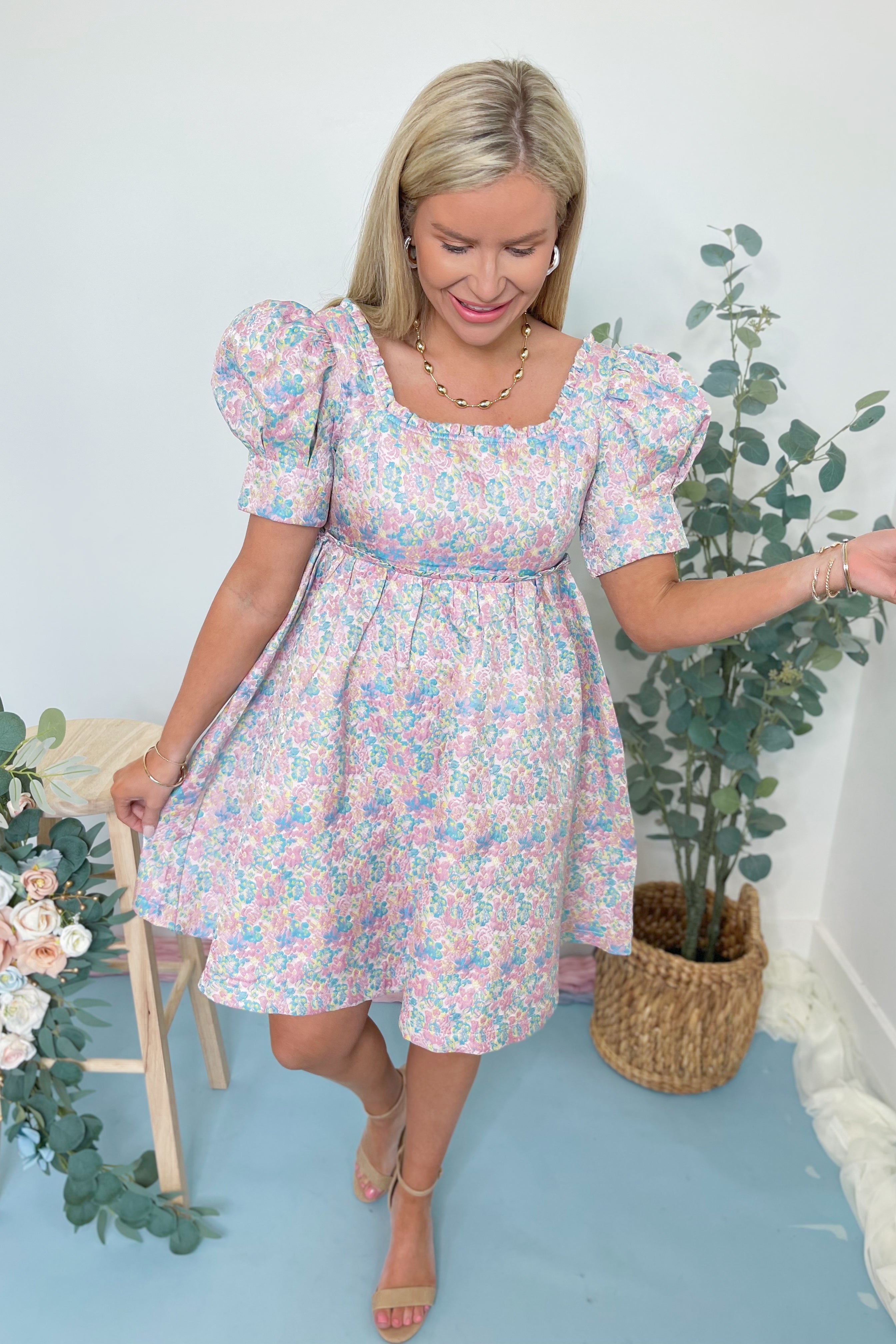 Sadie Floral Bubble Sleeve Scalloped Trim Dress - Be You Boutique