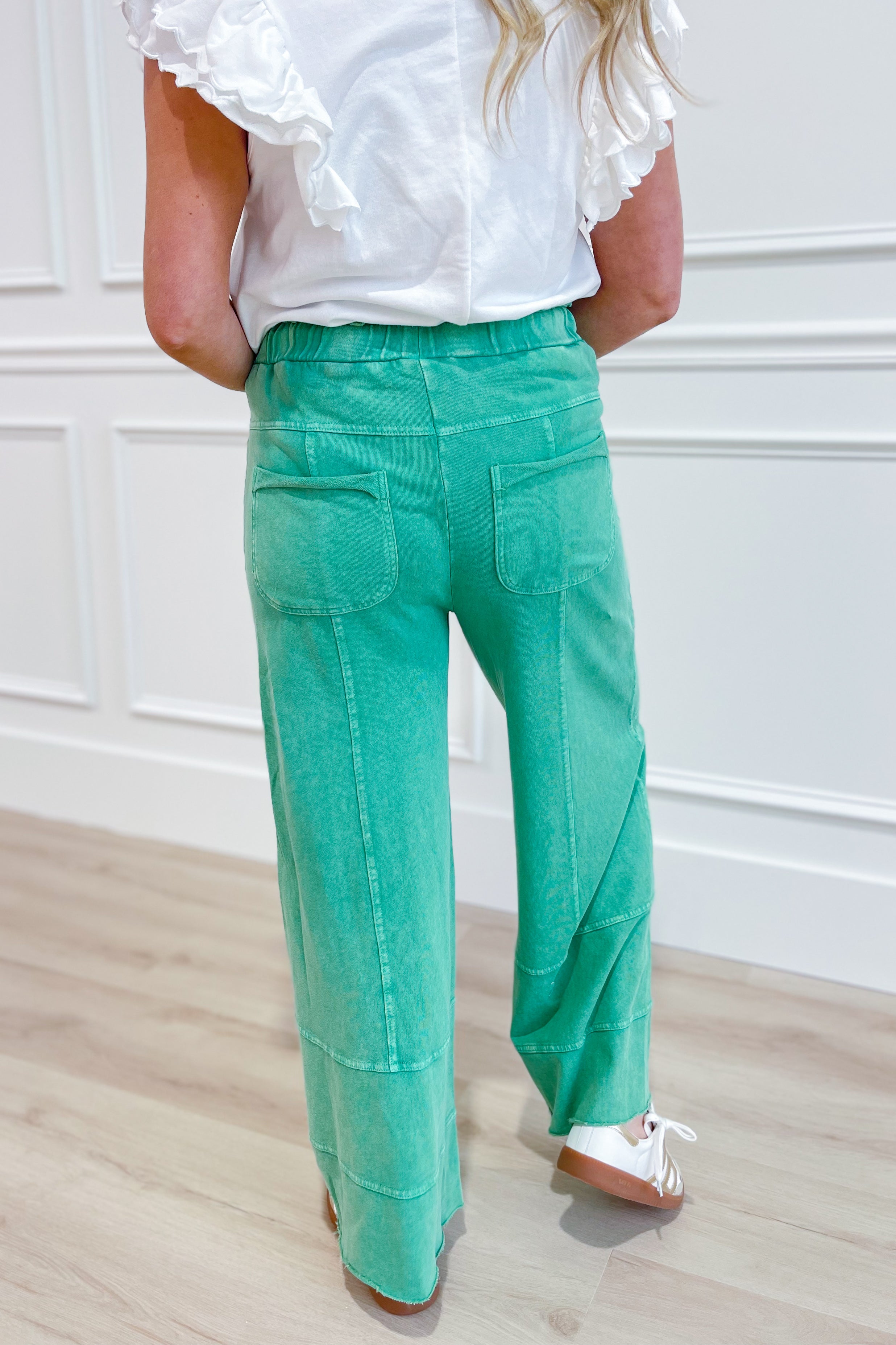 EASEL Bradley mineral washed terry knit wide-leg pants in neutral color, full length, with relaxed fit, size S to 3X.