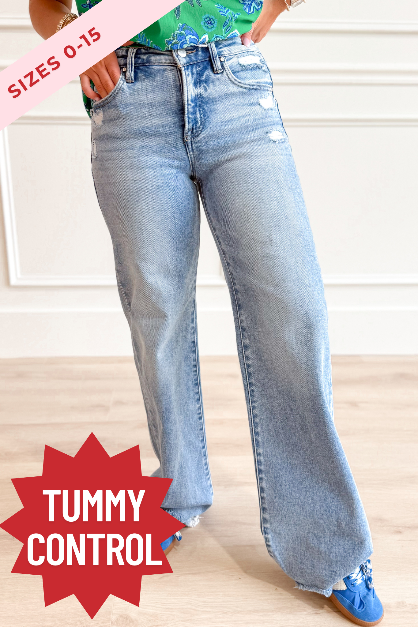 Risen Derrick Mid Rise Tummy Control Wide Leg Jean from 146 Core Jeans collection, showcasing the fit and style of the denim.