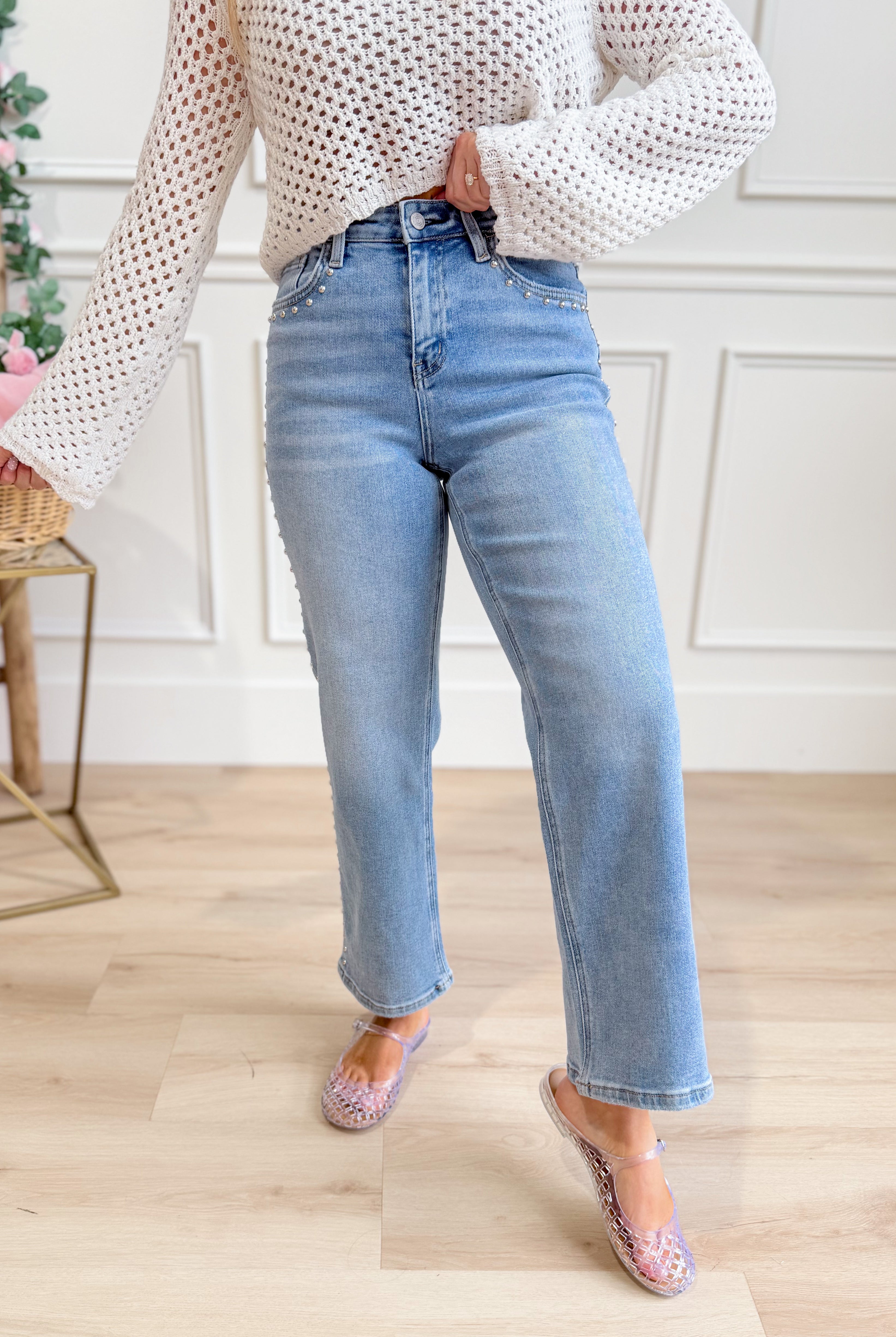 Vervet Honorable high-rise ankle slim jeans with nail head detailing from Vervet's 146 Core Jeans collection displayed.