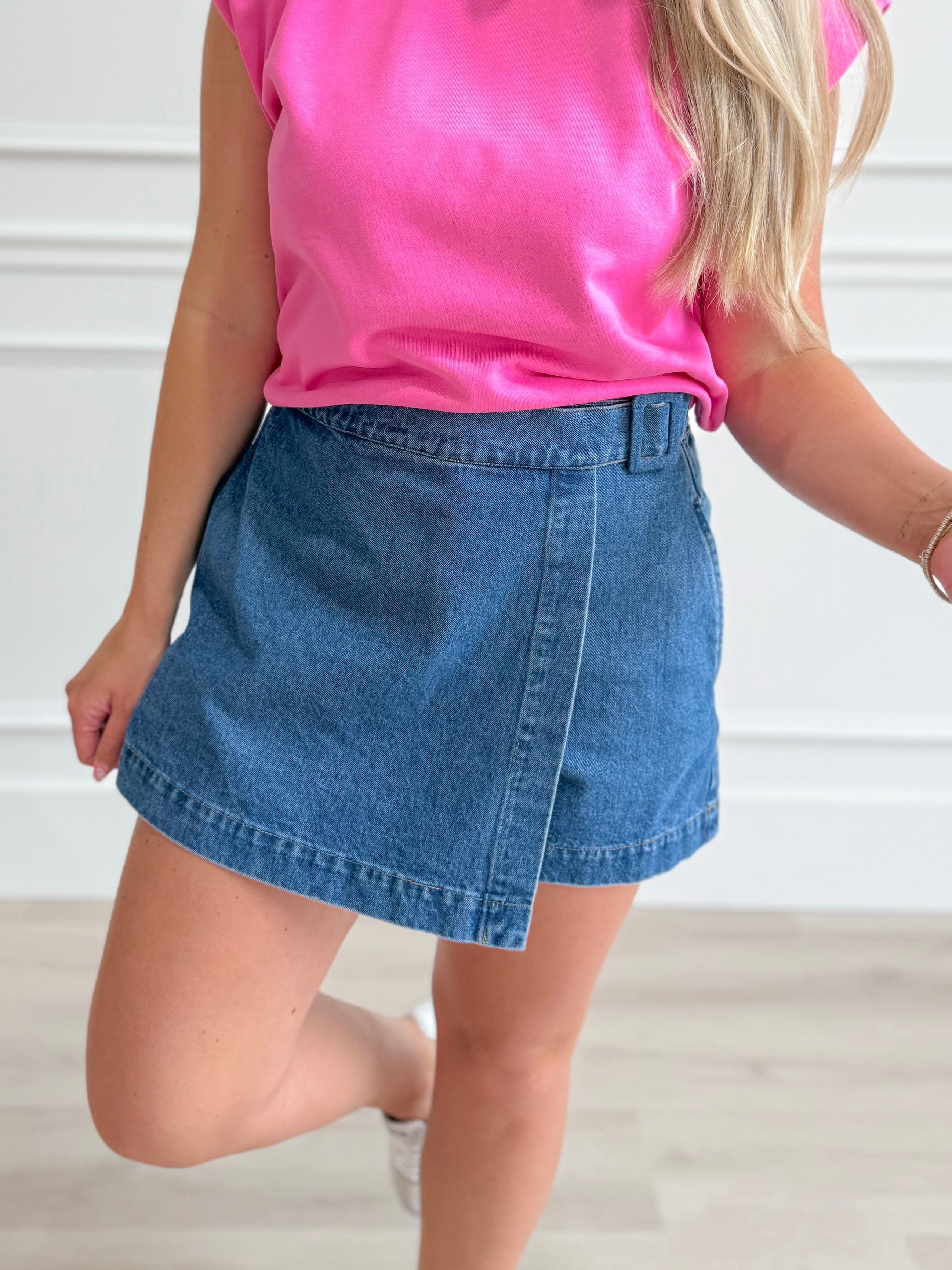 Nikki Buckle Strap Denim Skort - Be You Boutique