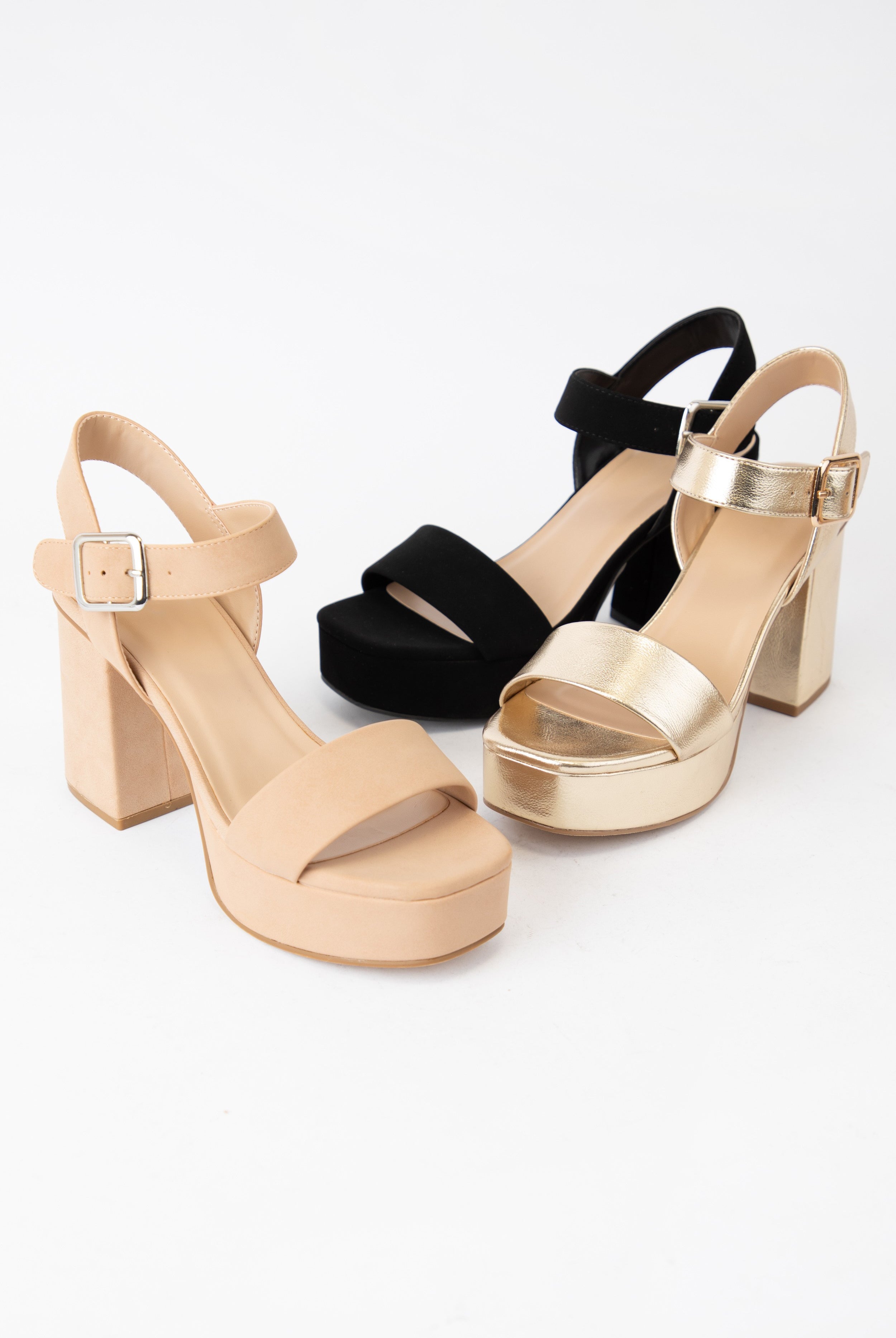 Feminine Macey Gold Matte Block Heel shoe from Fortune Dynamic, featuring a sleek gold finish and sturdy block heel.