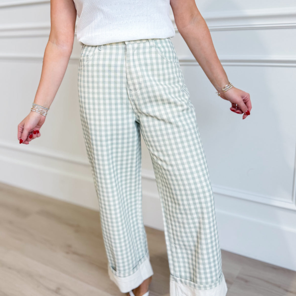 Luis Sage Gingham Rolled Hem Barrel Pant – Be You Boutique
