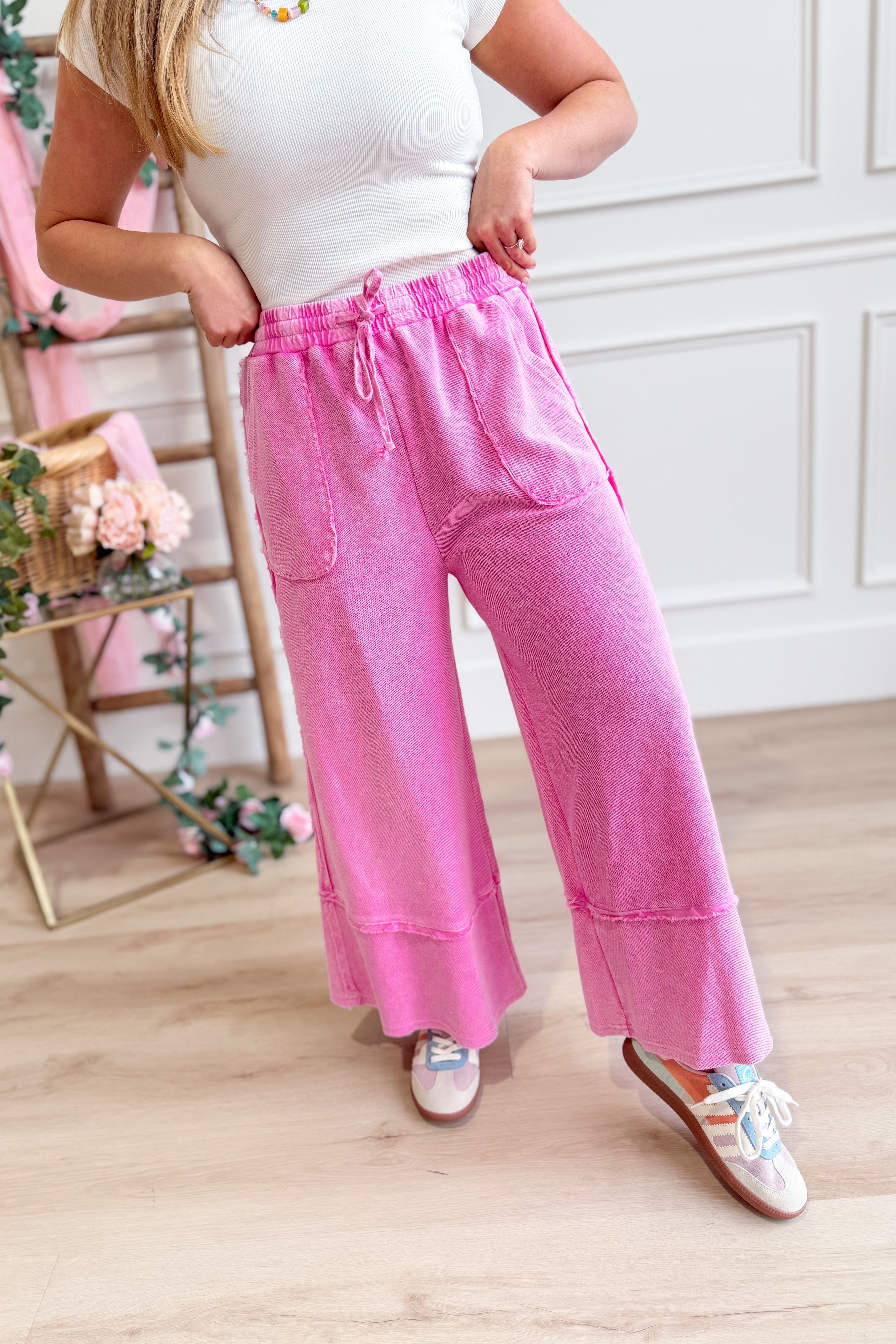 Caris Mineral Washed Upside Down Terry Knit Wide Leg Palazzo Pants - Be You Boutique