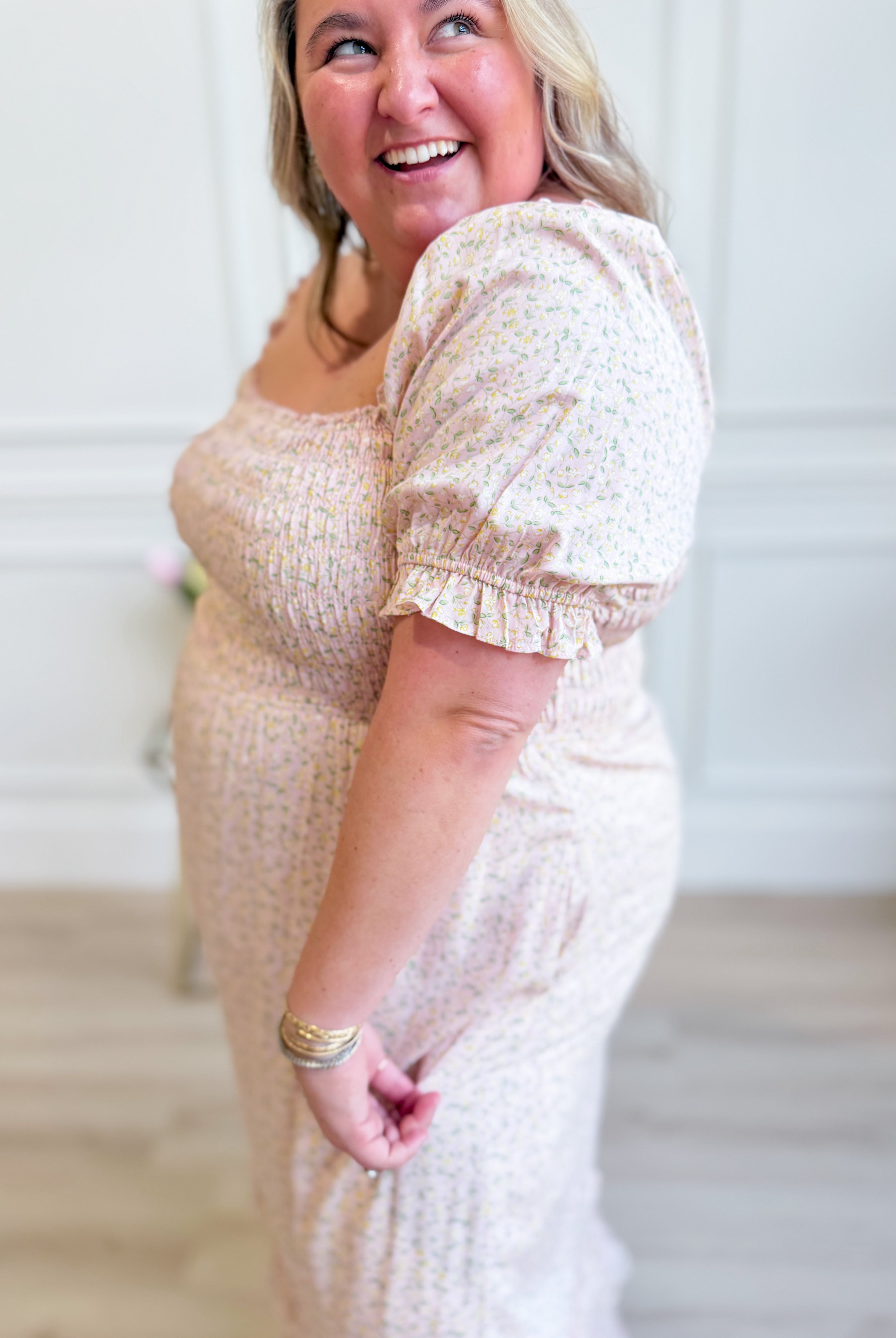 Luna Smocked Floral Maxi Dress by IN LOOM featuring a flowy silhouette, smocked bodice, and vibrant floral pattern.