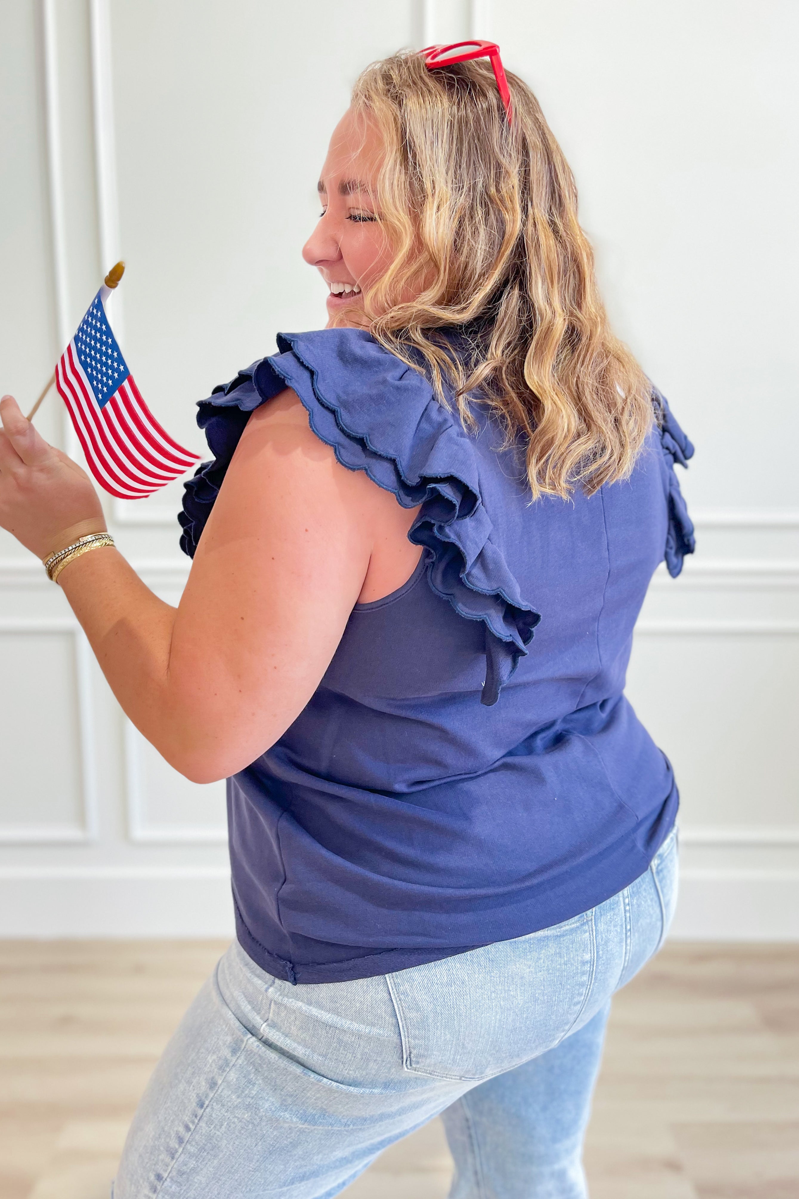 Lacy French Terry Ruffle Sleeve Top - Navy - Be You Boutique