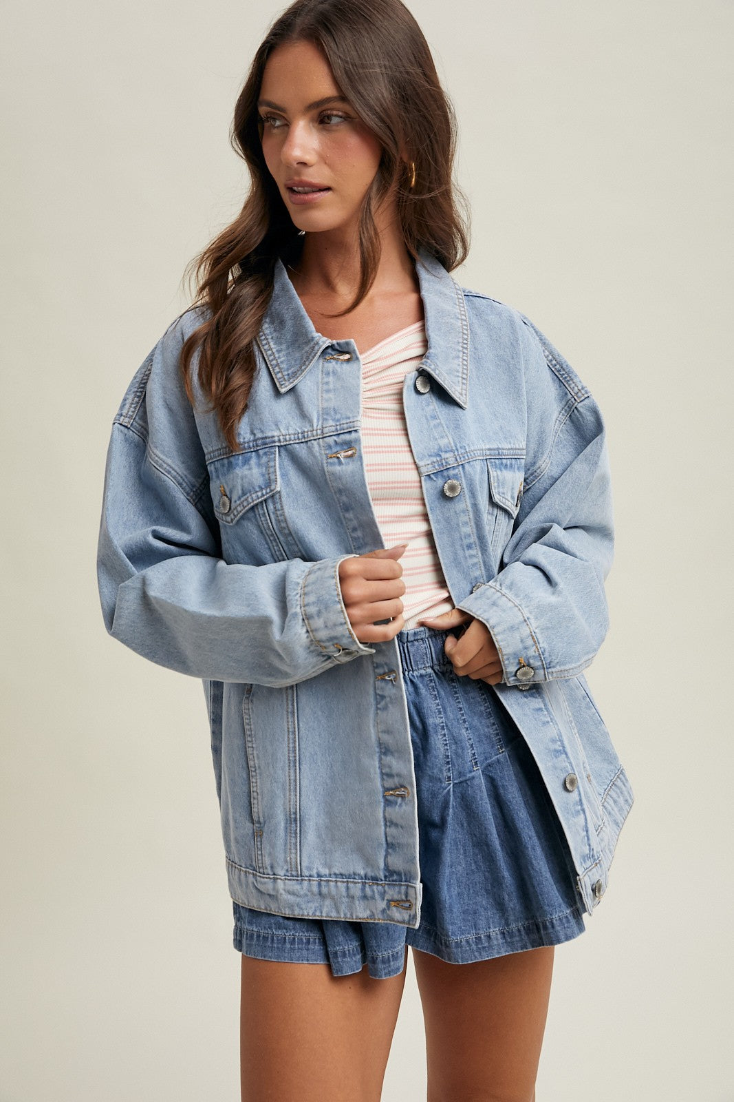 WISHLIST Winnie Washed Denim Jacket, 140 Outerwear, front view showing classic blue denim with button closure and collar.