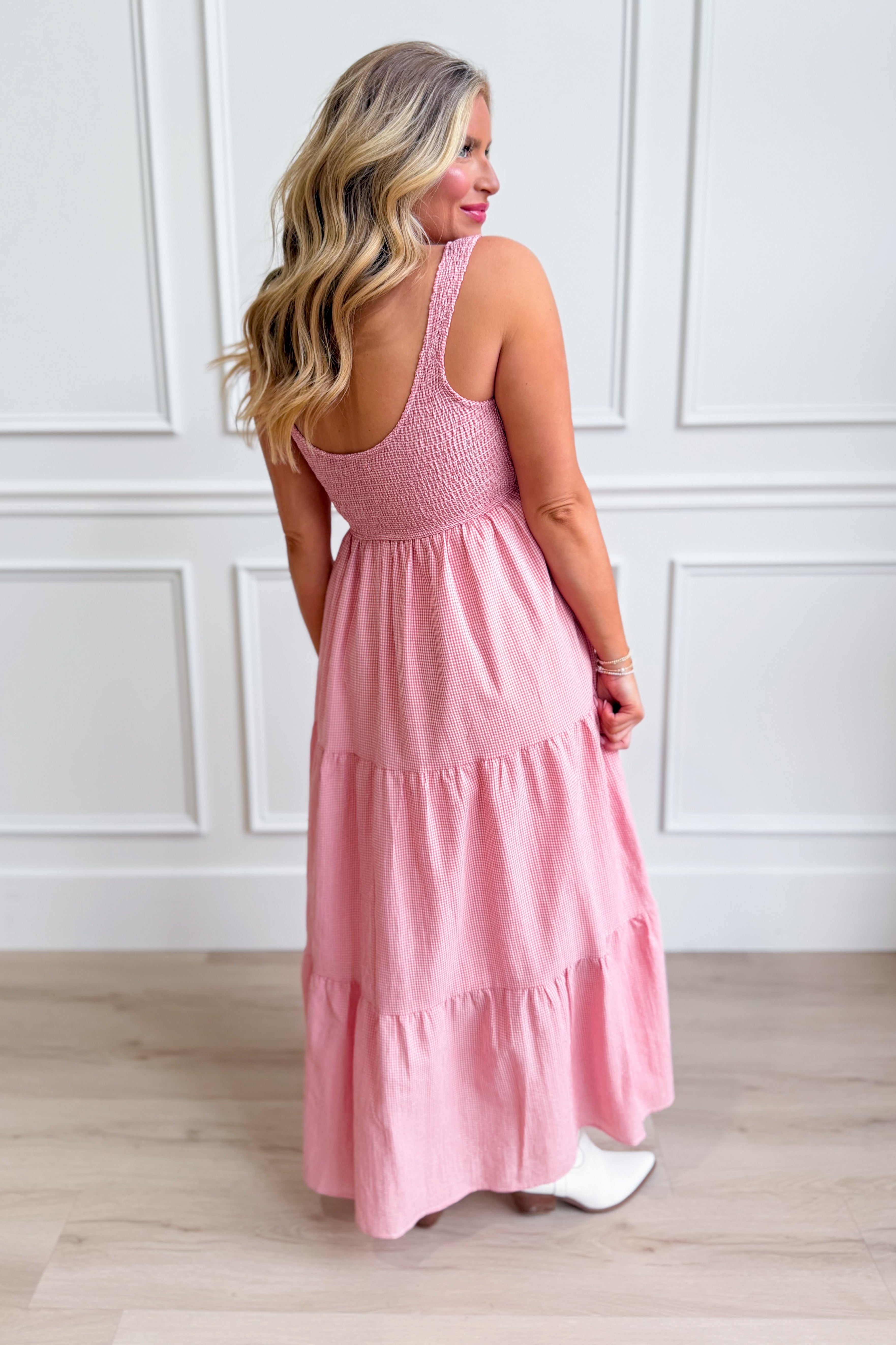 Pink gingham midi dress by BAEVELY, featuring a dressy design with a fitted waist and flowing skirt, perfect for elegant occasions.