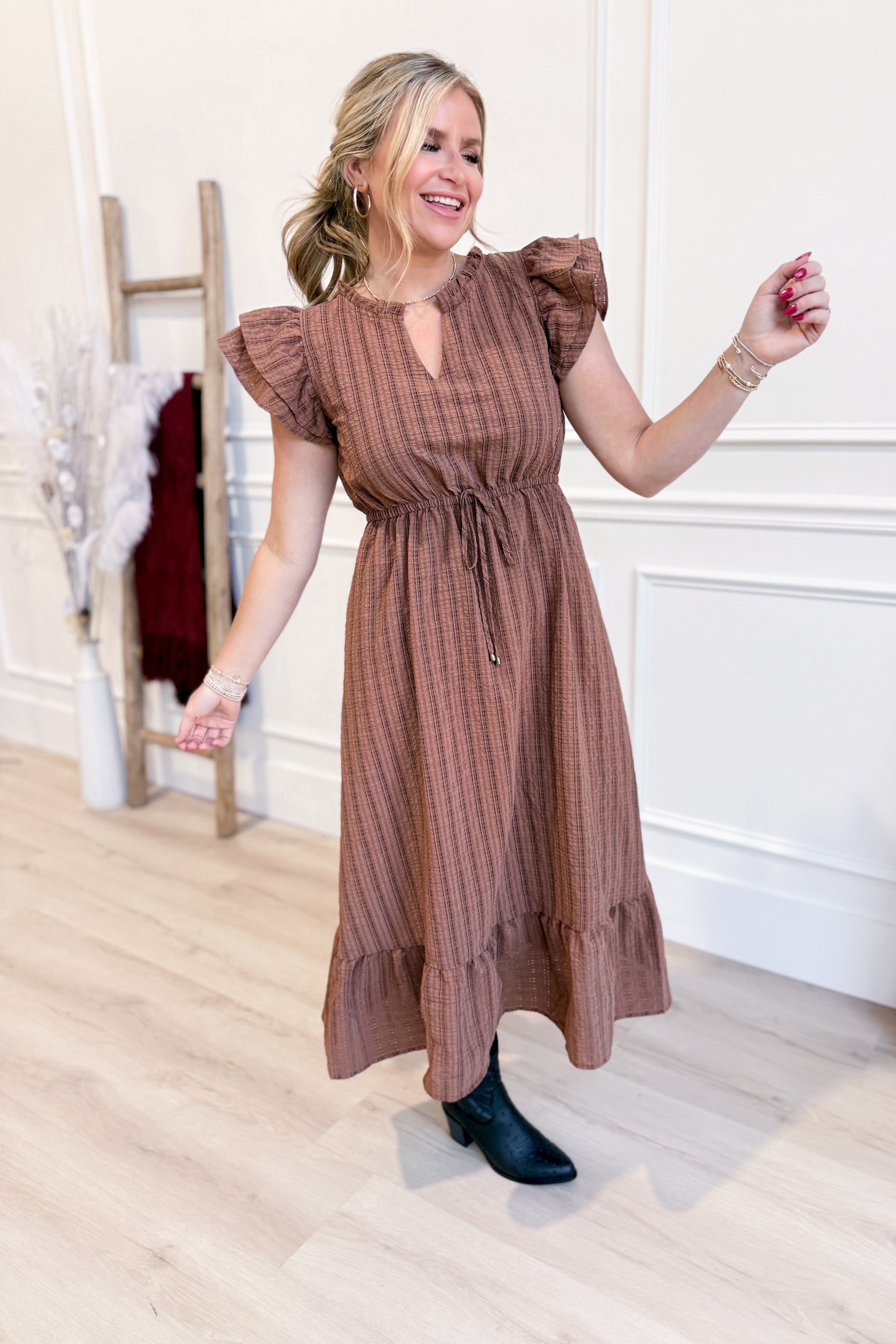 Morgan Plaid V Neck Double Ruffle Dress - Be You Boutique