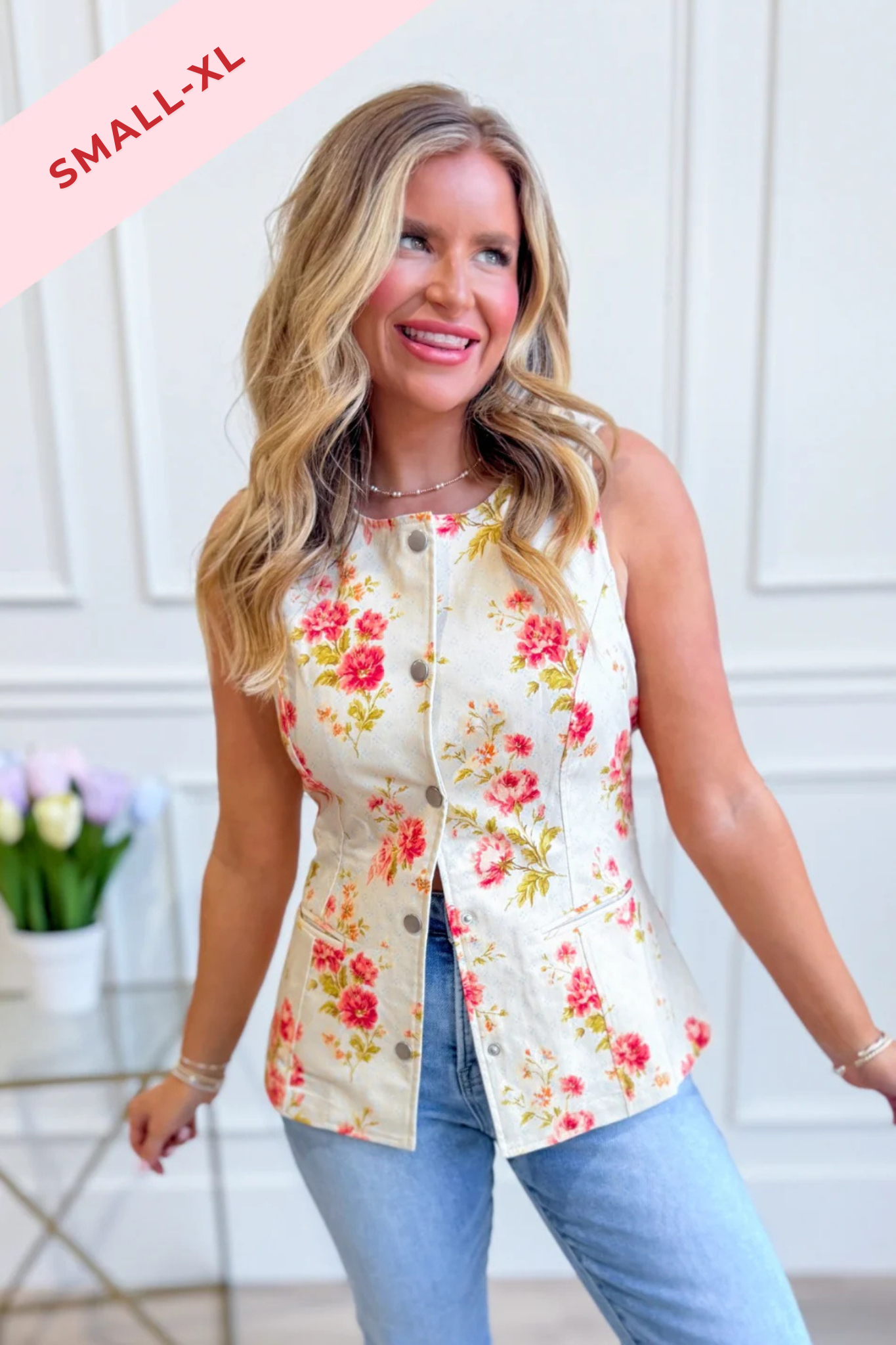 Baevely Mia floral printed button-up vest with pastel colors, sleeveless design, and tailored fit for dressy occasions.