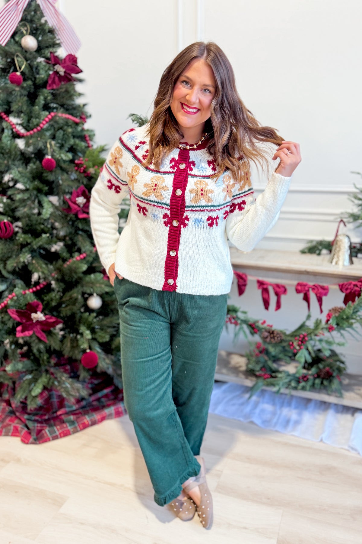 Wren Gingerbread Holiday Cardigan Sweater from TWENTIFOURTH, featuring festive gingerbread pattern and cozy fall sweater style.
