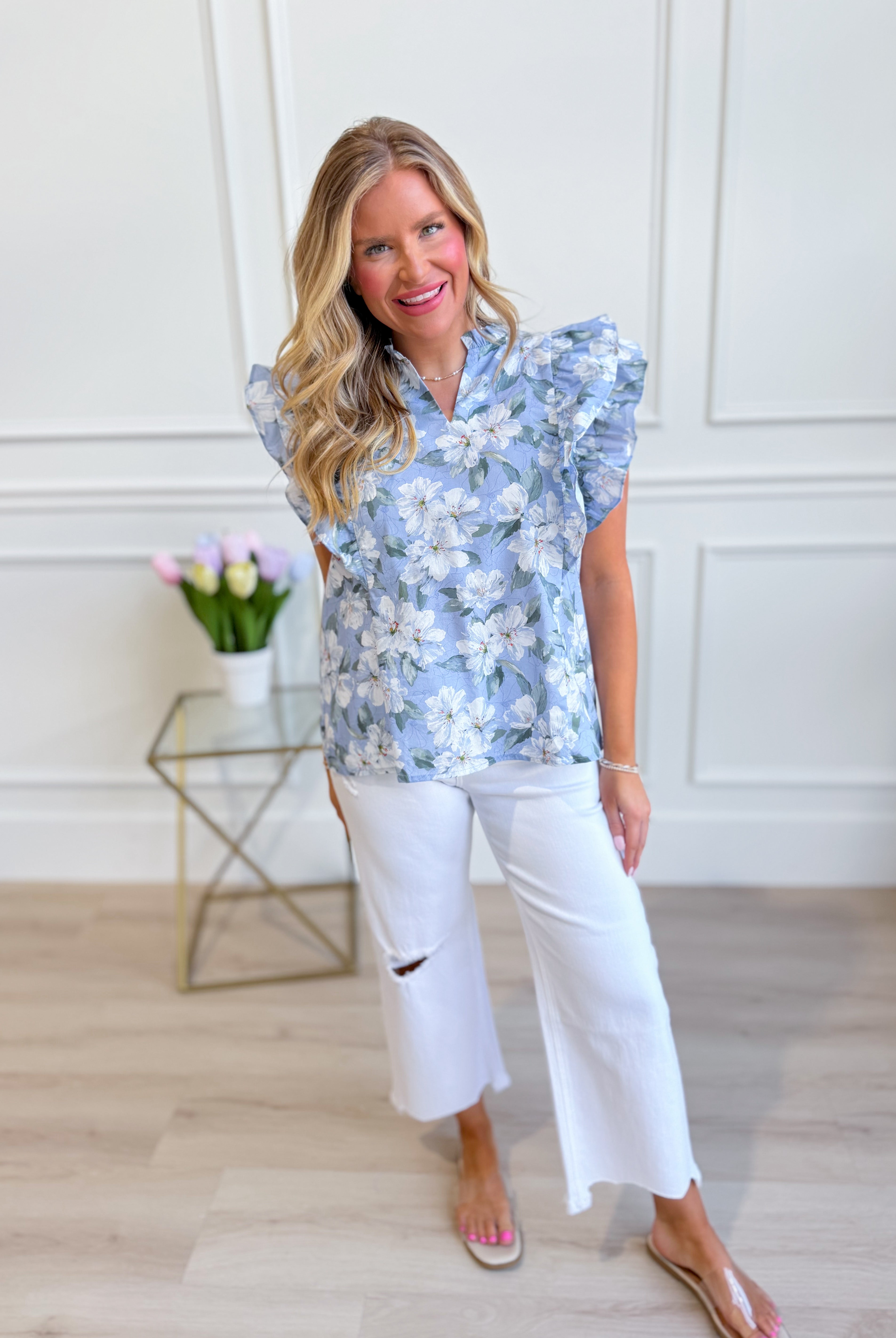 She + Sky Lori printed top with ruffle sleeves from 131 Spring Sweaters collection, featuring vibrant floral print and lightweight fabric.