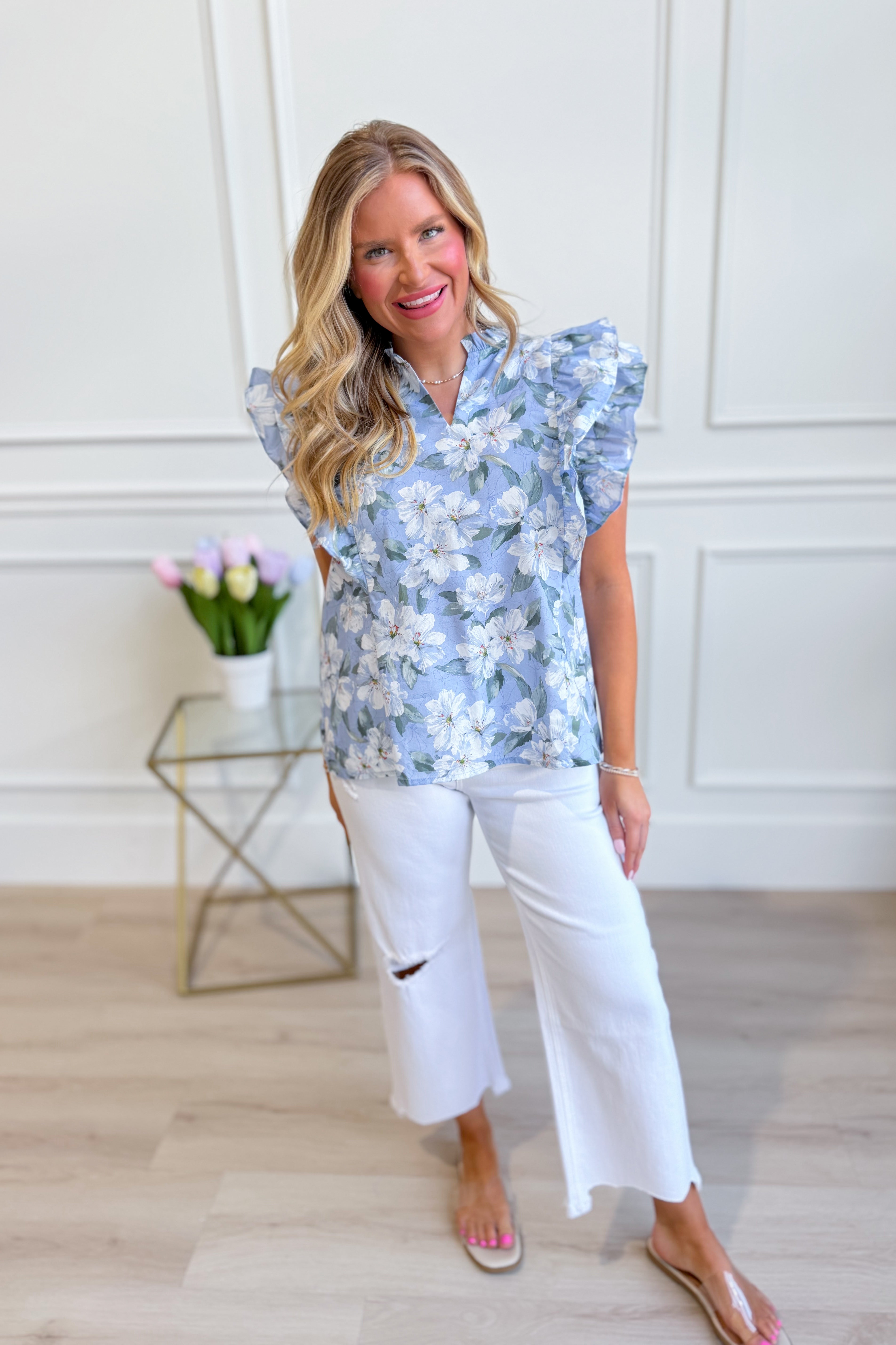 She + Sky Lori printed top with ruffle sleeves from 131 Spring Sweaters collection, featuring vibrant floral print and lightweight fabric.
