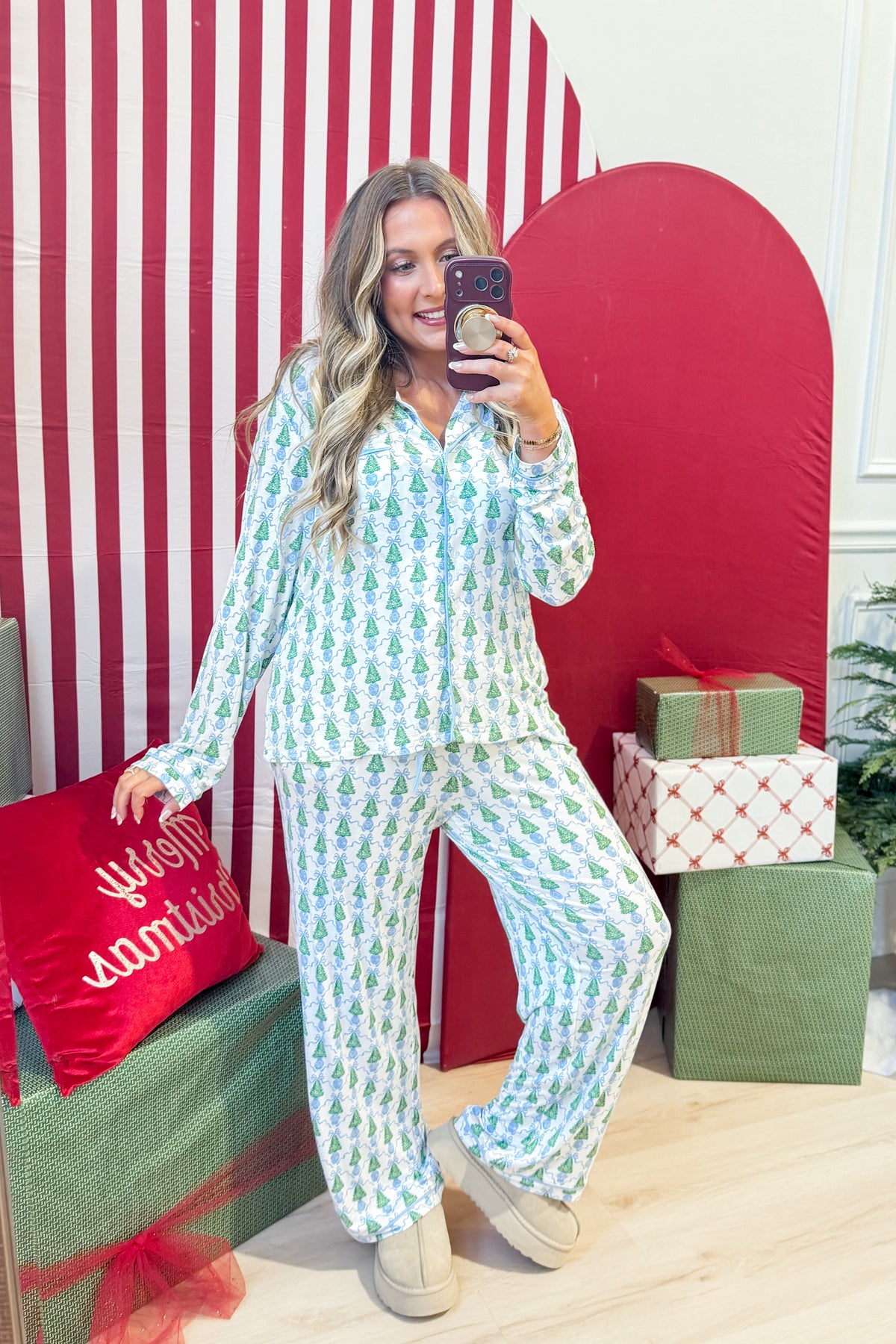 Mary Square Winter Pines pajama set with long-sleeve top and 156 pants in a winter tree print