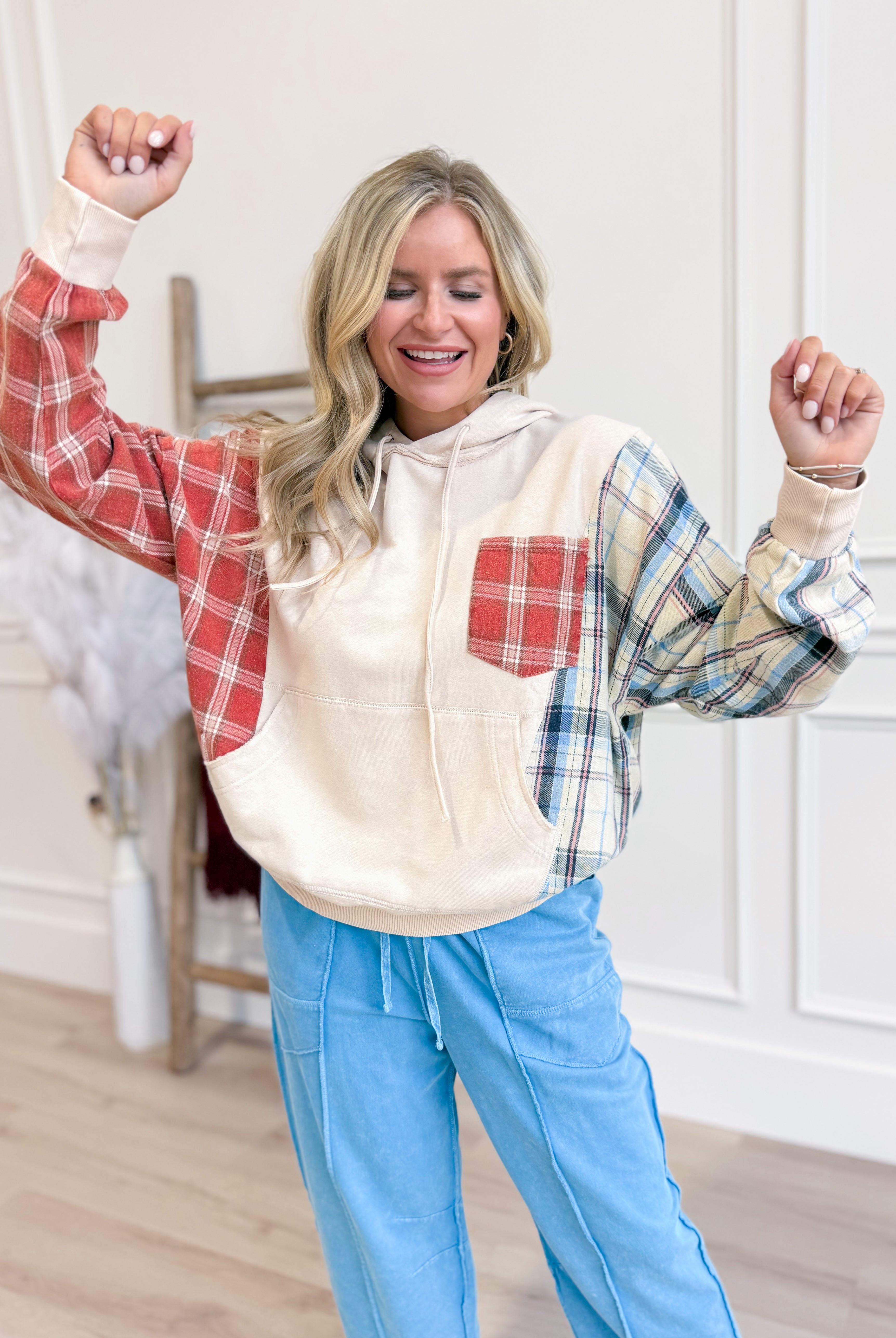 Laney Plaid Mixed Washed Terry Sweatshirt - Be You Boutique