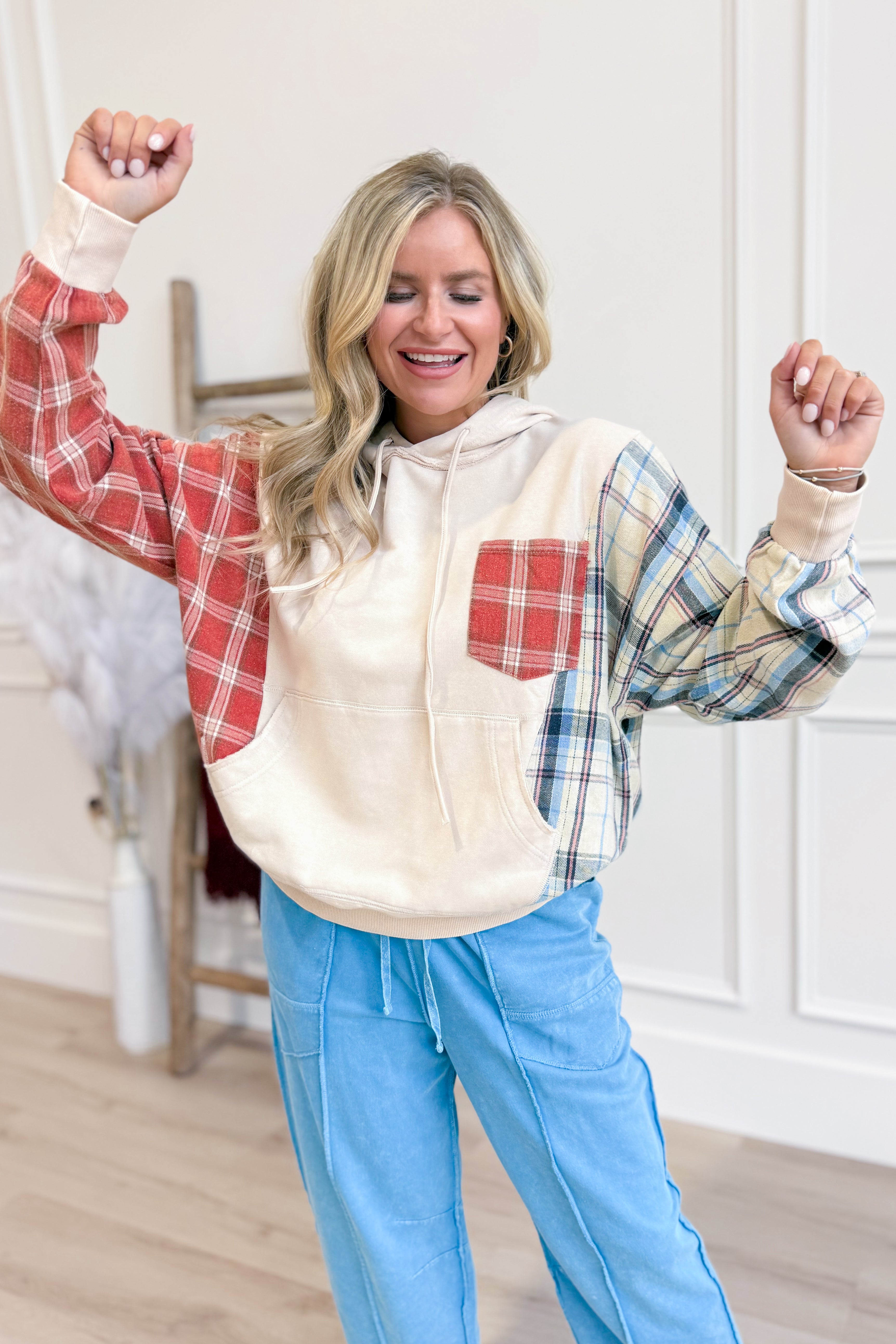 Laney Plaid Mixed Washed Terry Sweatshirt - Be You Boutique